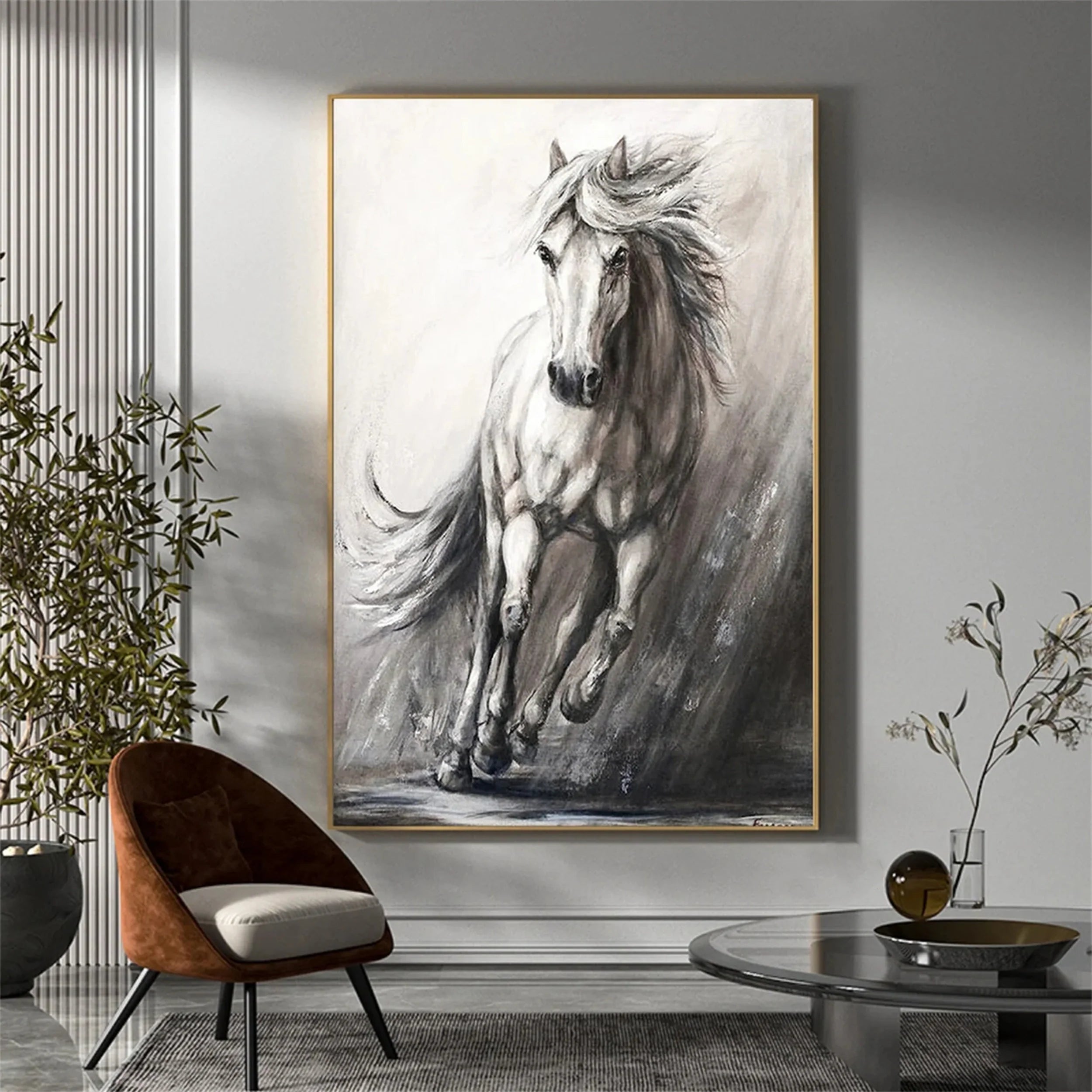 White And Black Horse Abstract Animal Wall Art #AM048