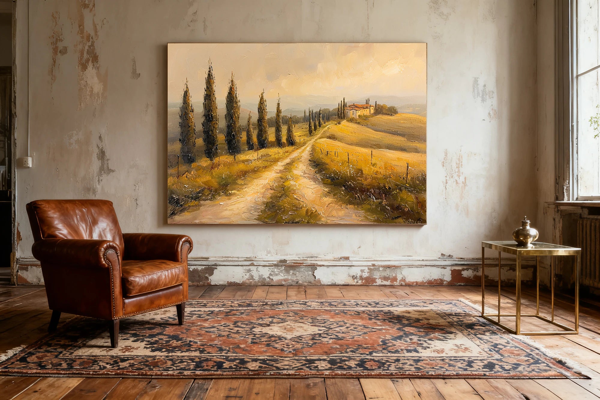 Tuscany Countryside Oil Painting, Neutral Landscape Wall Art #FT587