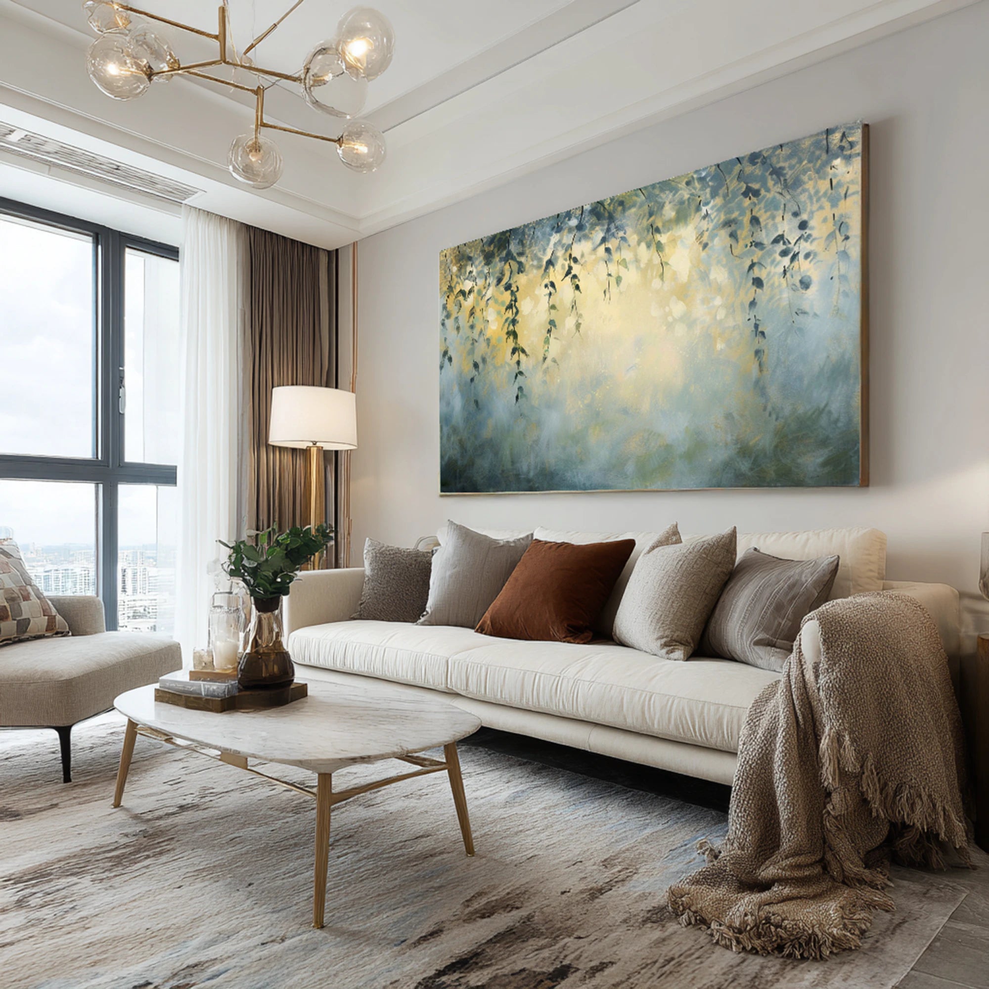 Abstract Blue & Gold Hanging Vines Oil Painting #FT586