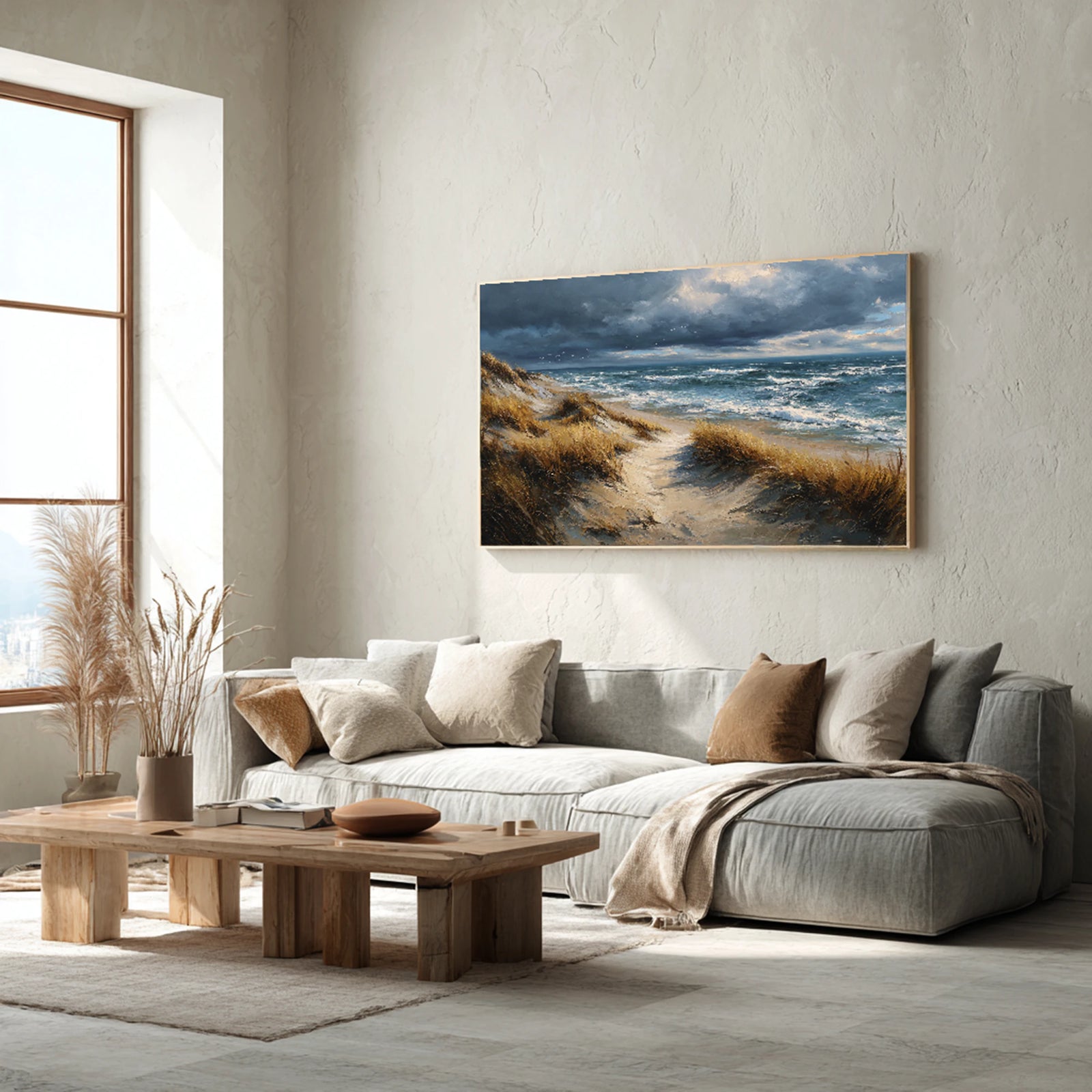 Stormy Beach Dunes Oil Painting Neutral Seascape Canvas #SK590