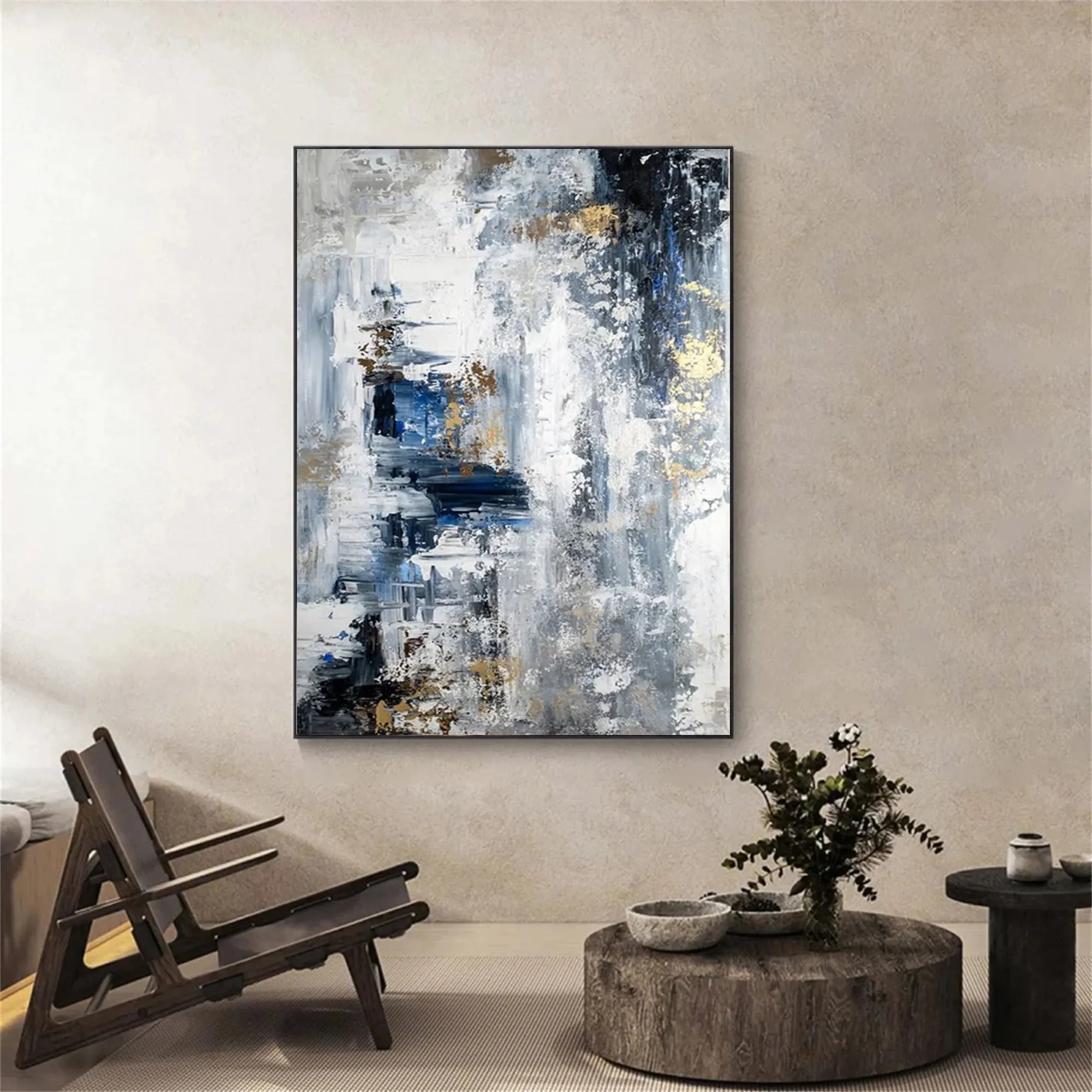Blue Grey Gold Abstract Canvas Art #MZ353