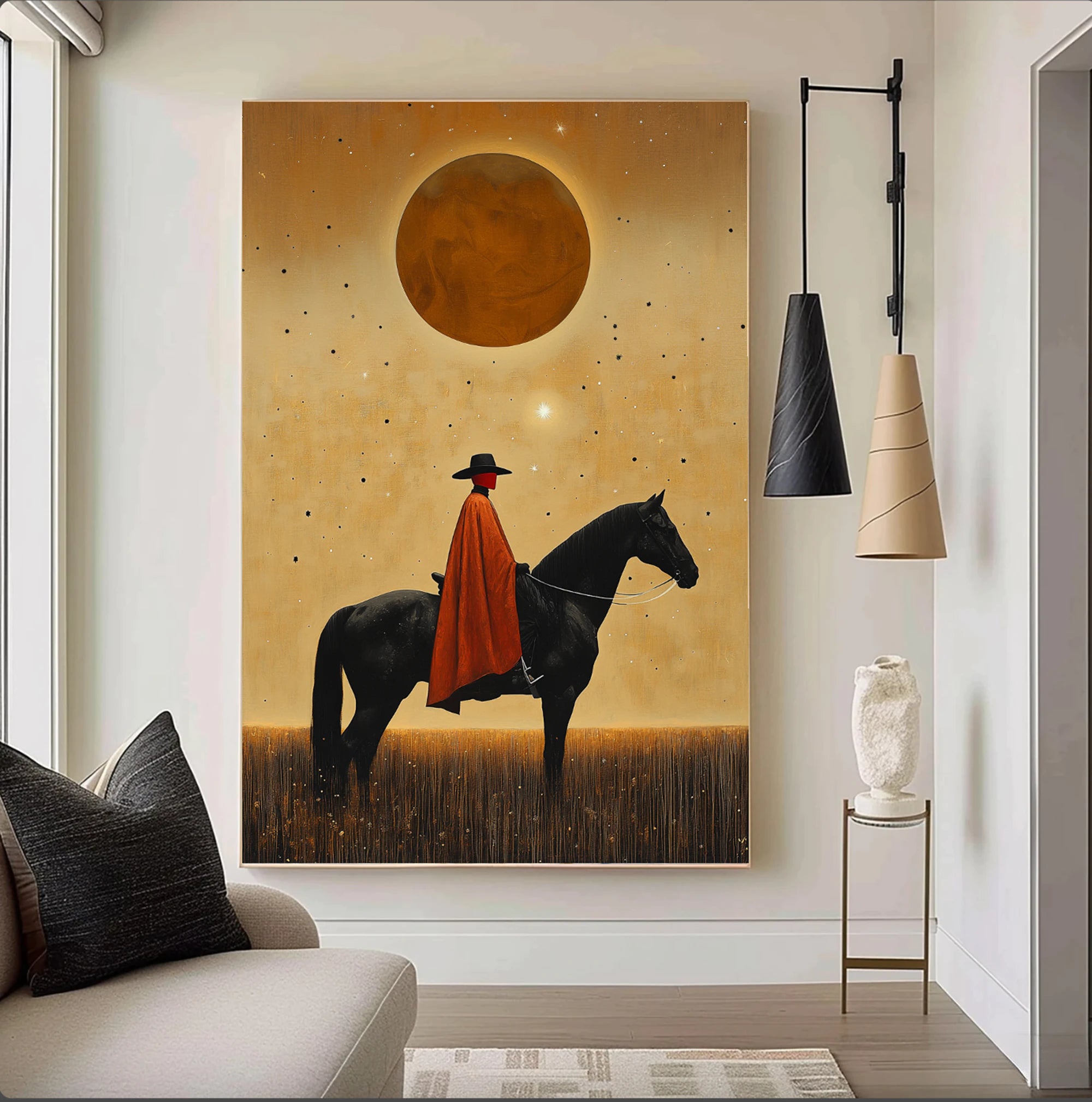 Hand-painted Abstract Horse Rider Oil Painting, Warm Earth Tone Wall Art #AB514