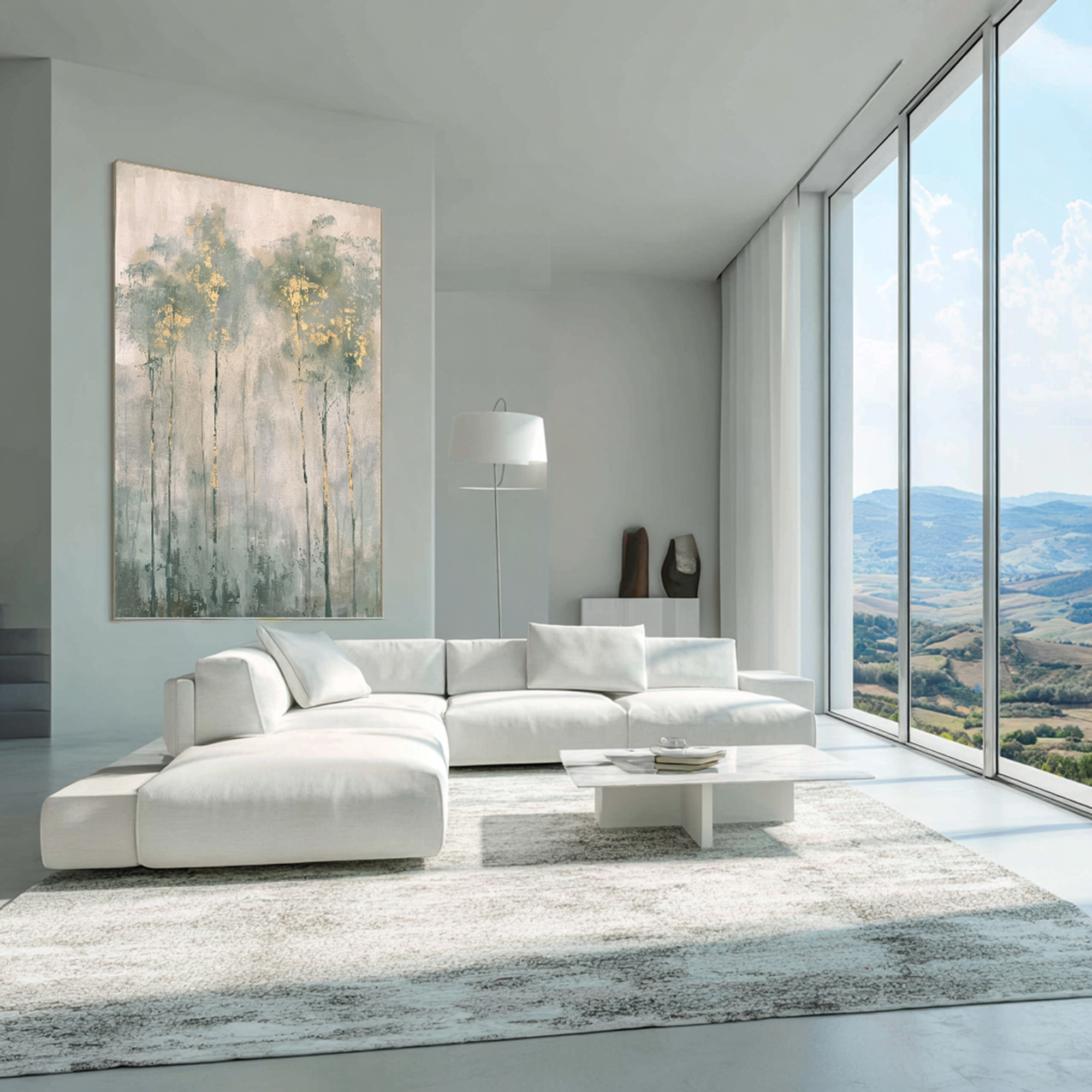 Misty Sage Green Forest Oil Painting with Gold Leaf Accents #FT208