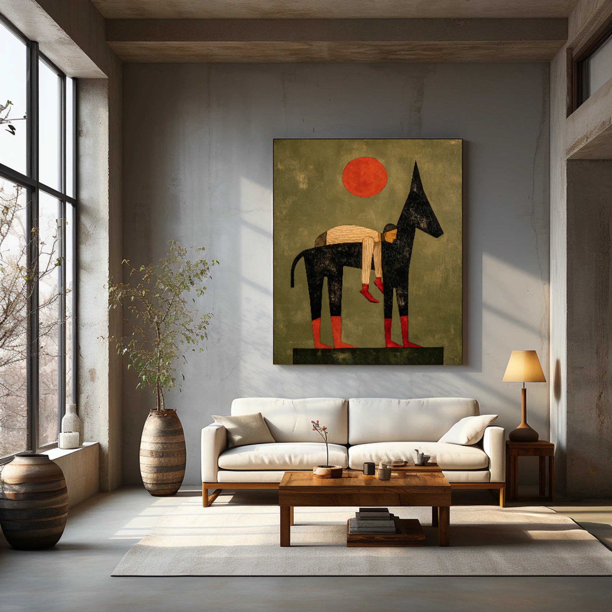 Abstract Man & Donkey Oil Painting, Earthy Tone Wall Art #WA535