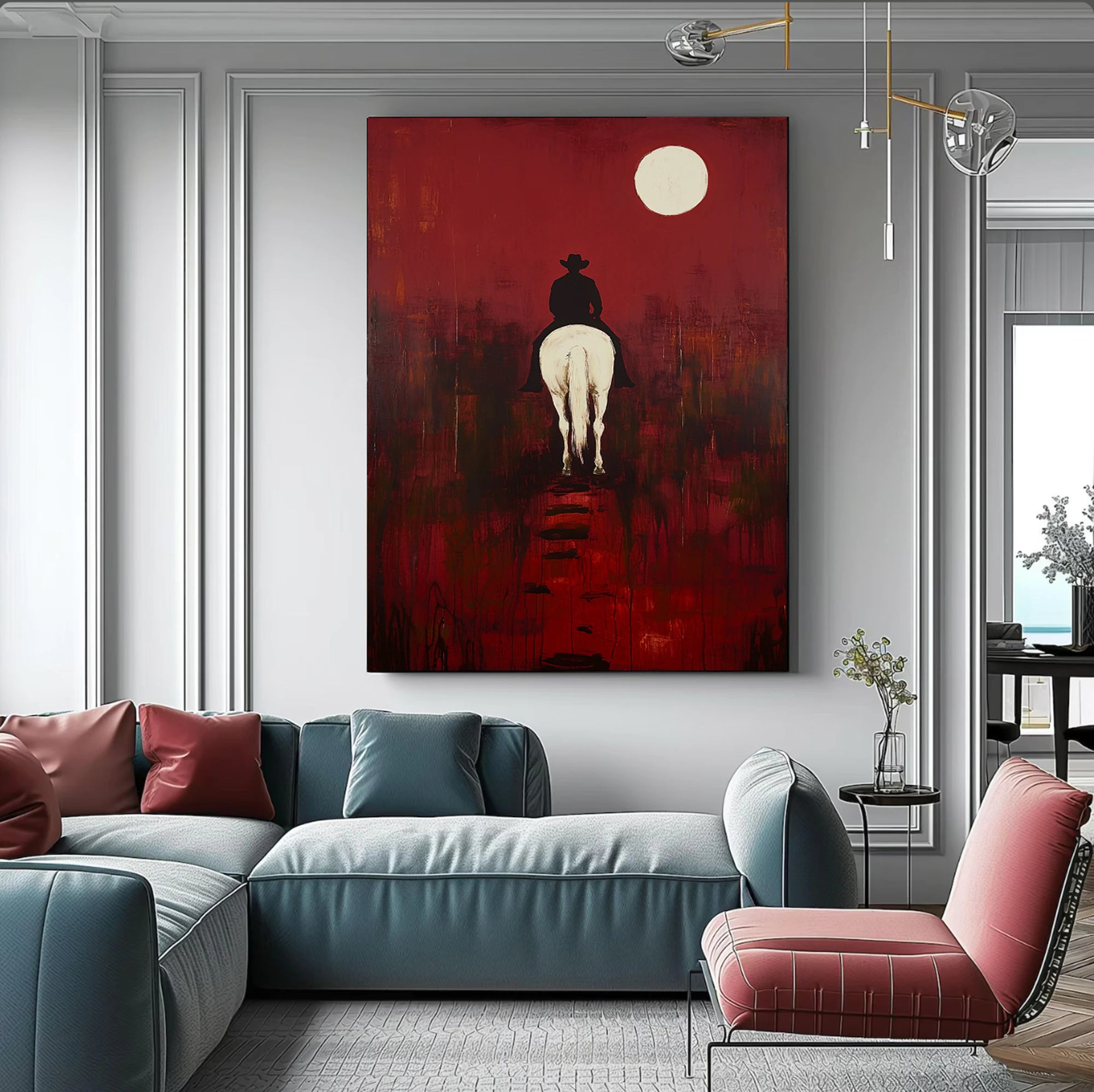 Red Moon Cowboy & White Horse Oil Painting #WA530