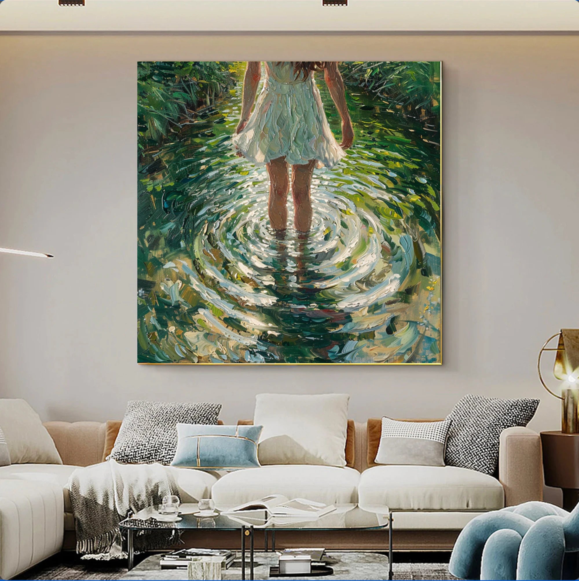Hand-painted Oil Painting, Girl in Stream with Ripples #AB837