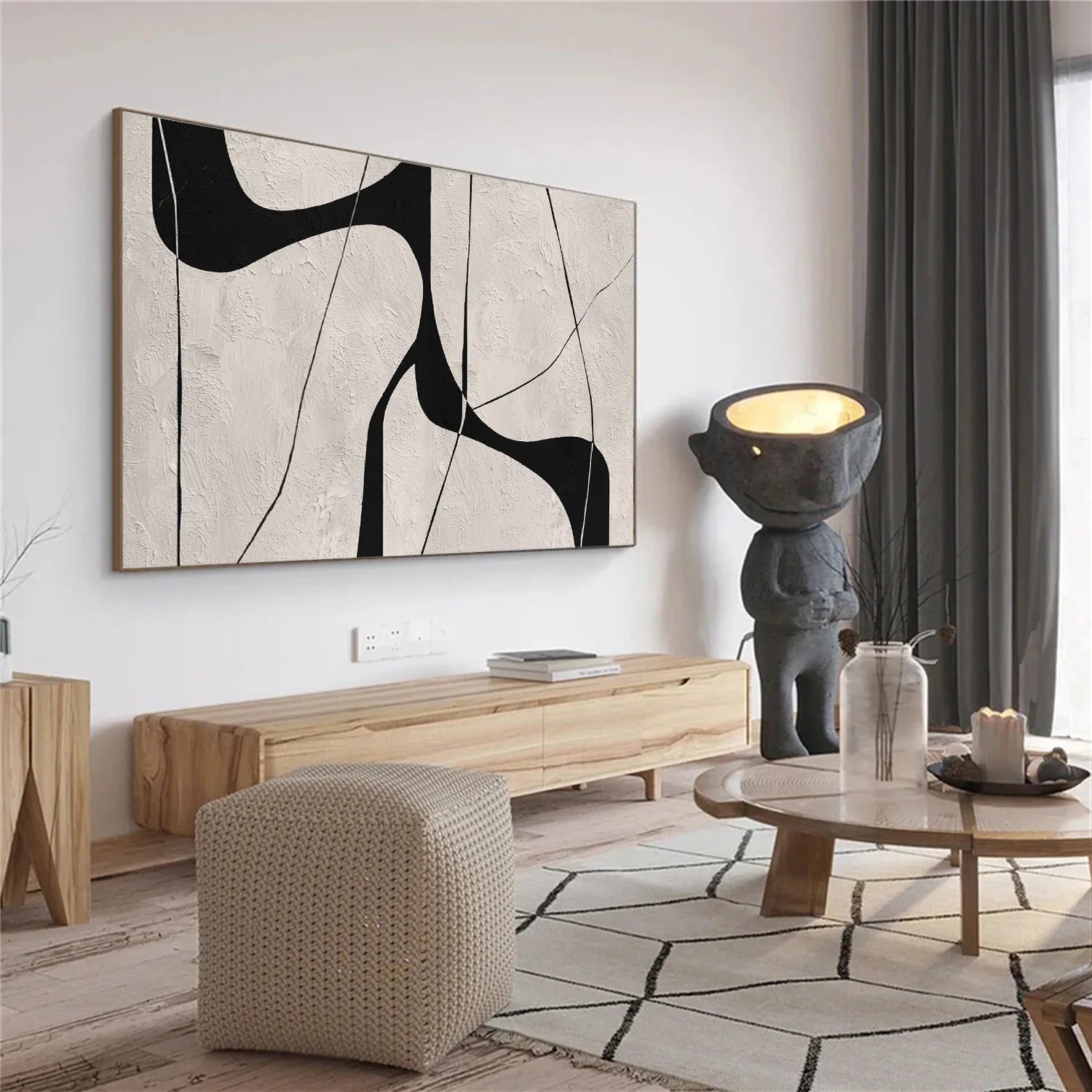 Beige & Black Abstract Textured Canvas Art #WA786