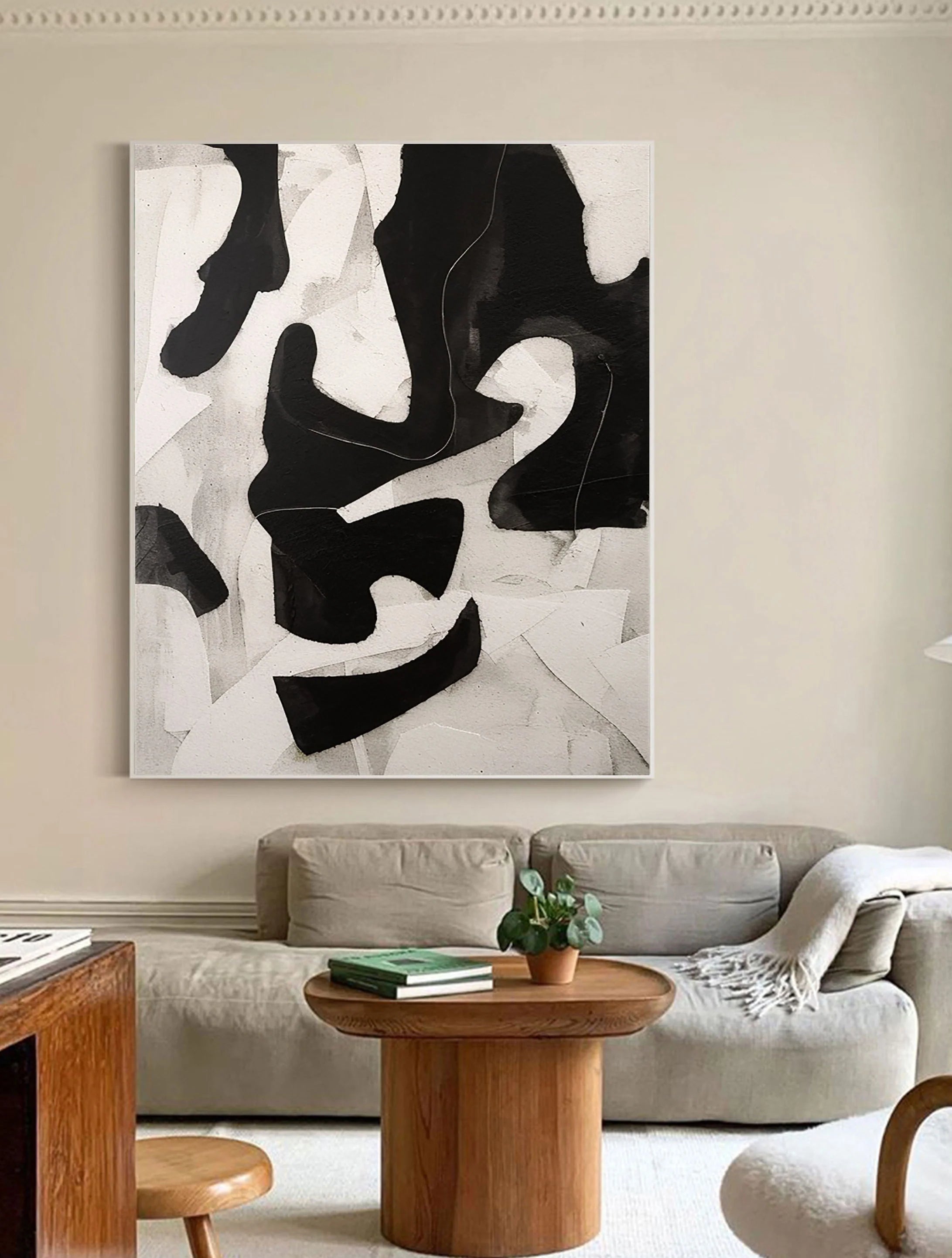 Textured Wabi Sabi Neutral Painting on Canvas Large Wall Artwork Black and Beige