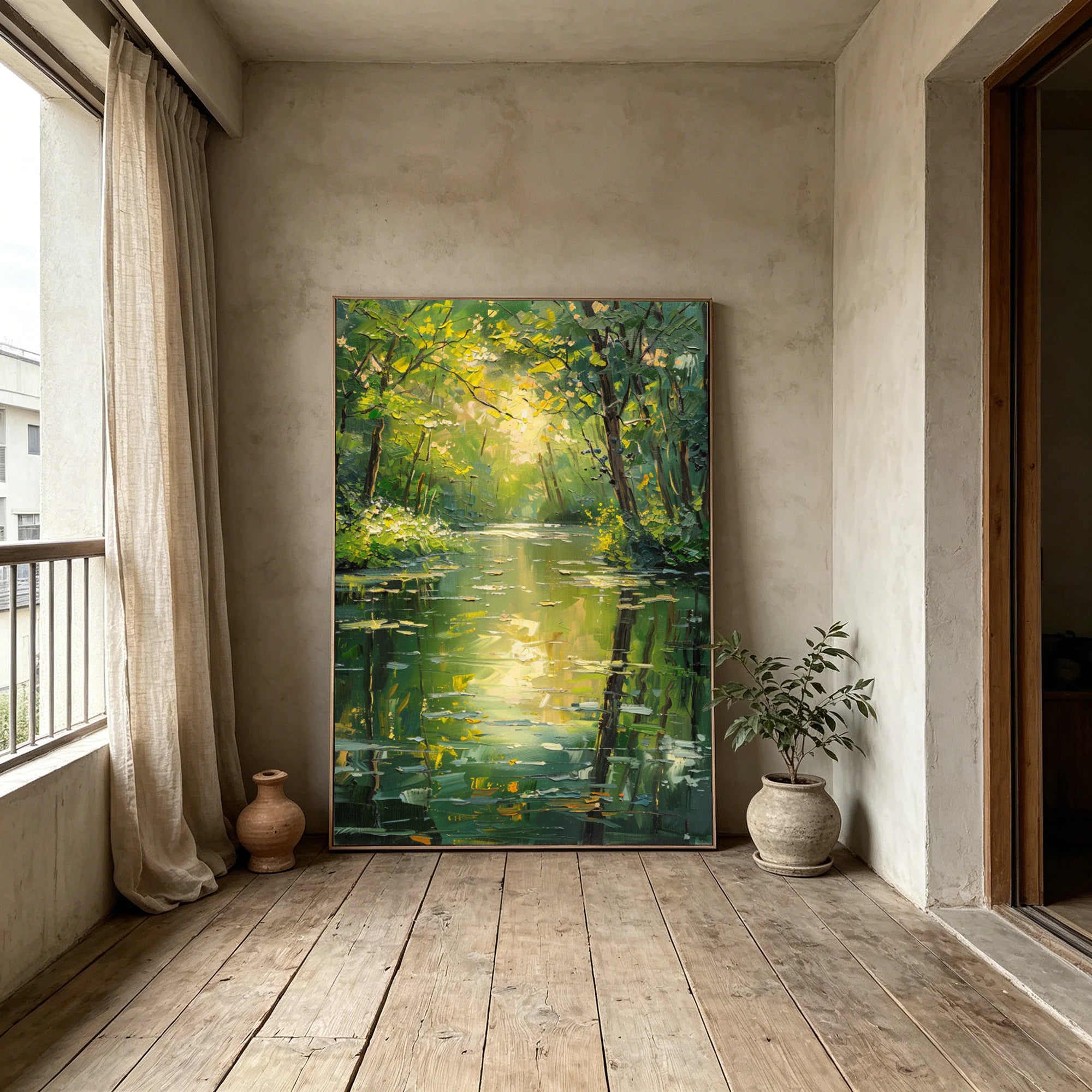 Hand-Painted Green Forest River Oil Painting #FJ597