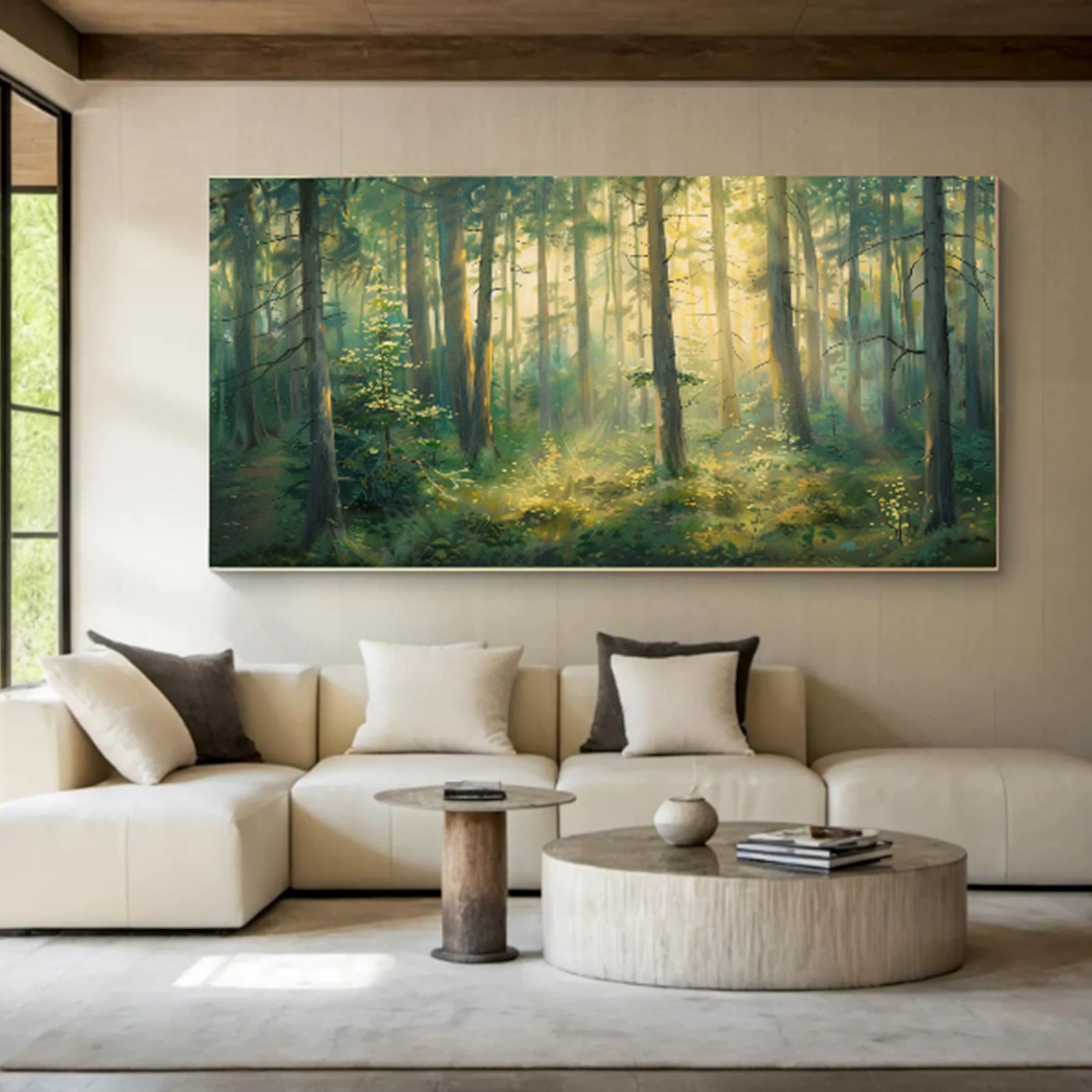 Sunlit Forest Landscape Oil Painting, Green Nature Wall Art #FT593