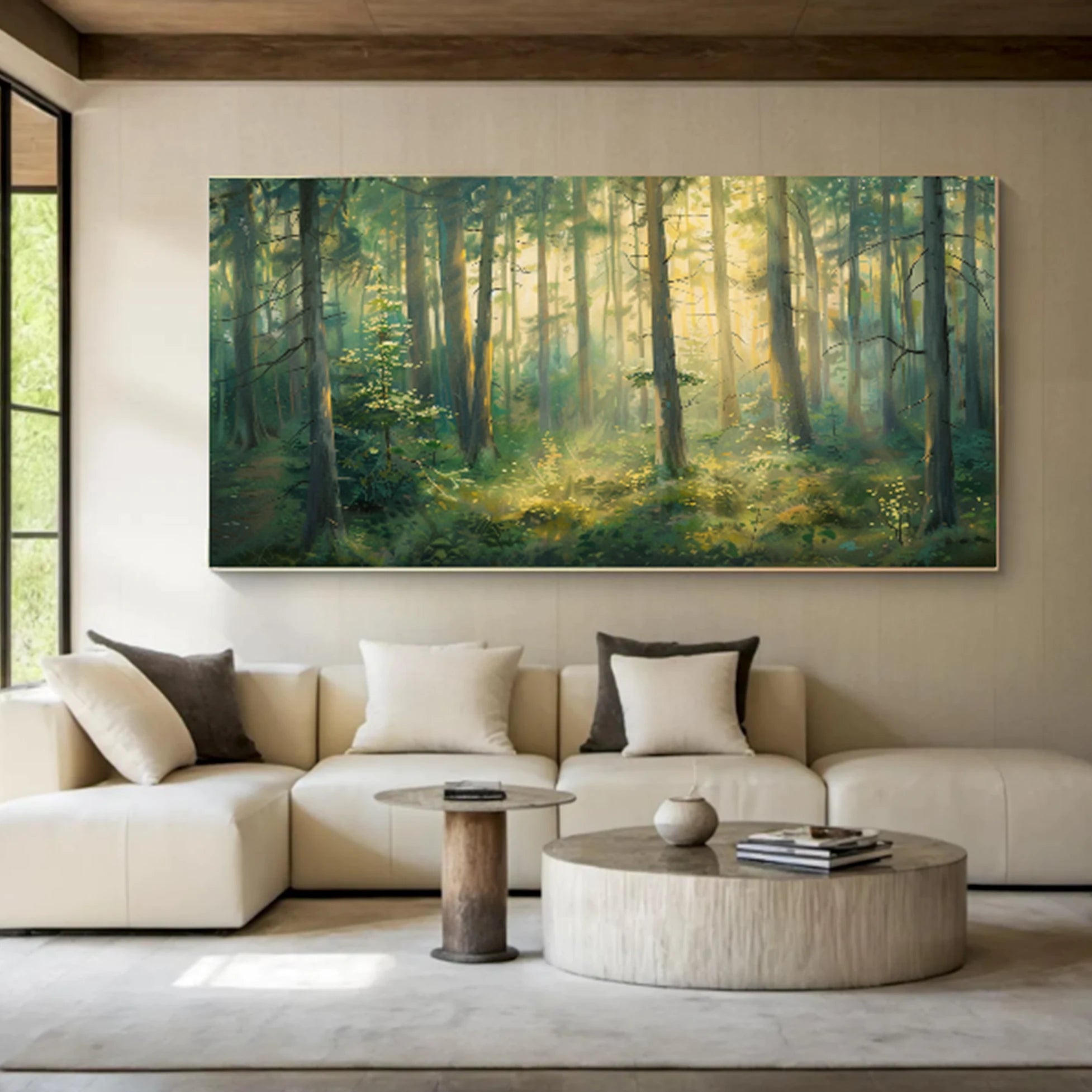 Sunlit Forest Landscape Oil Painting, Green Nature Wall Art #FT593