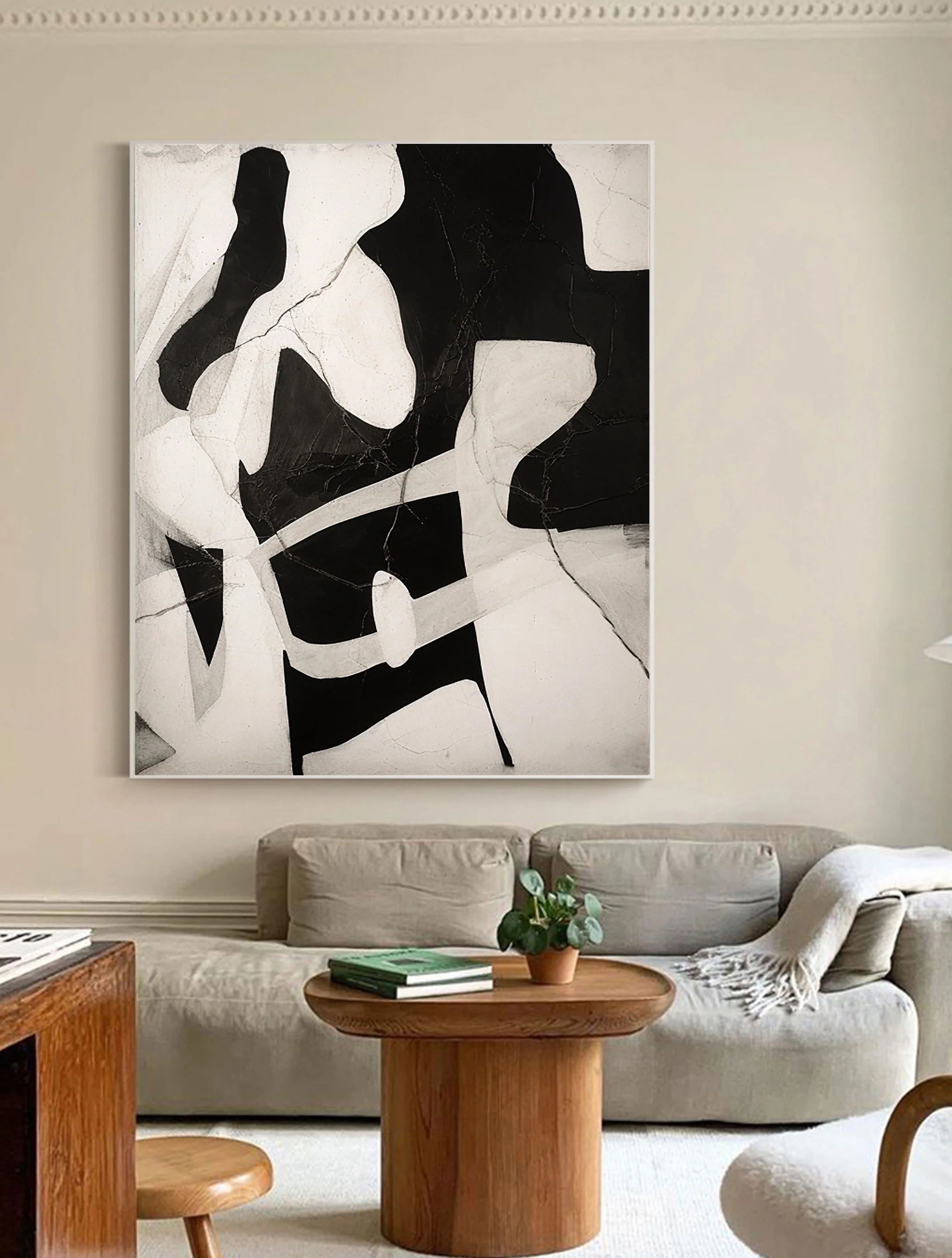 Large Abstract Wabi Sabi Painting Black Beige Wall Artwork on Canvas