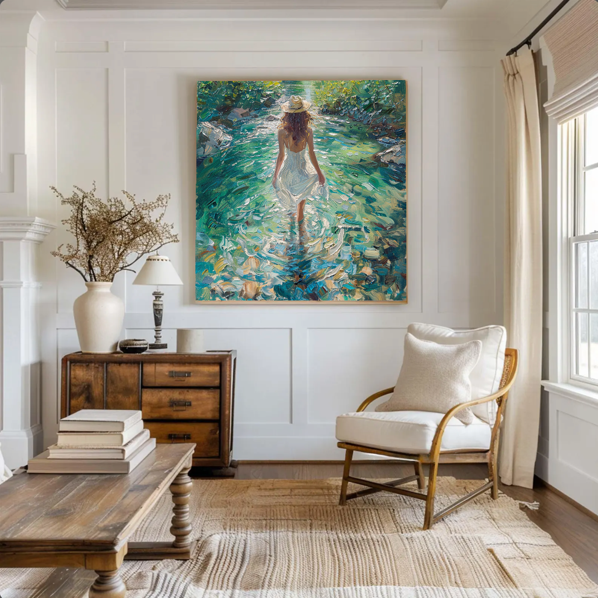 Impressionist Woman in Stream Hand Painted Oil Painting #FT345