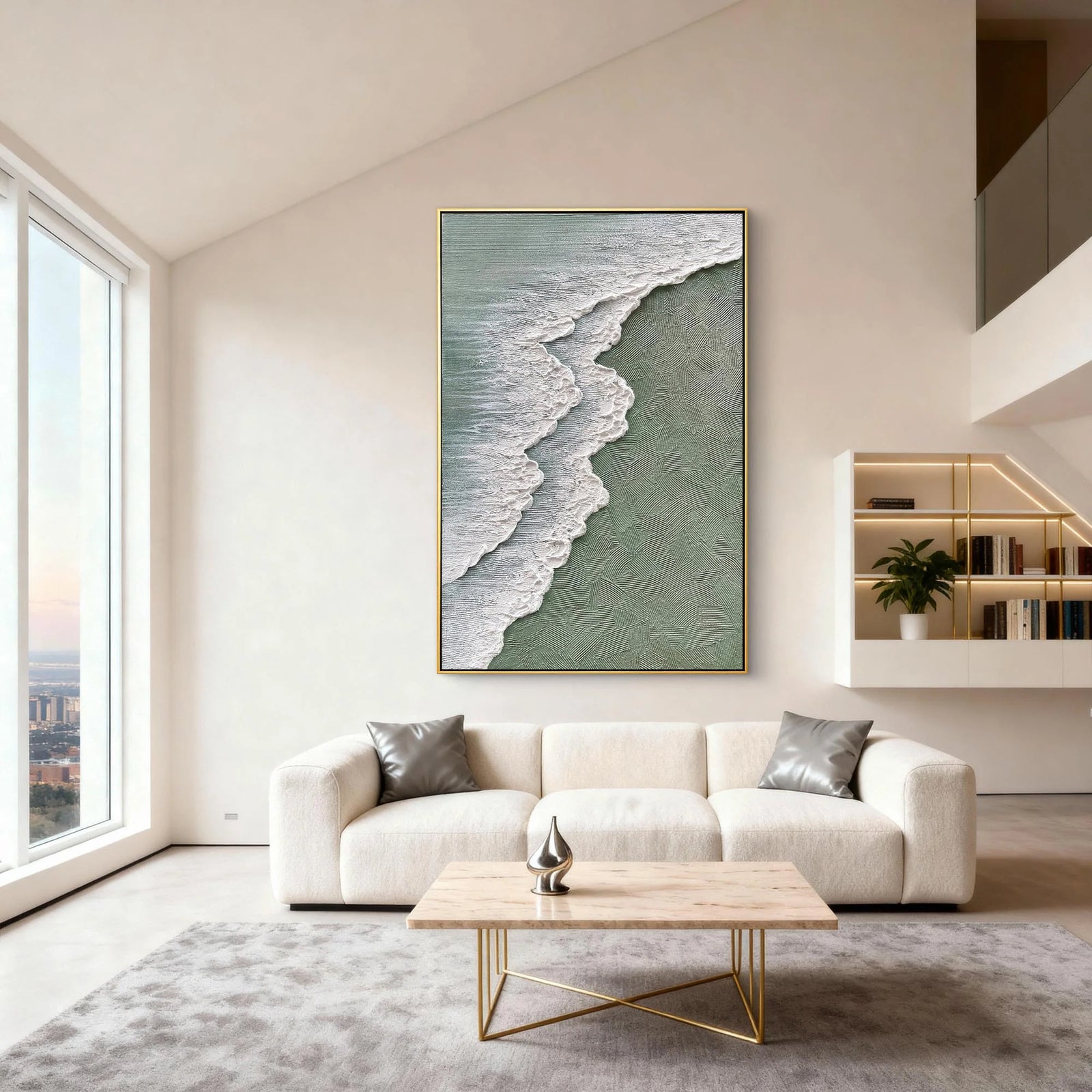 Hand-Painted Sage Green Ocean Wave Textured Canvas Wall Art #MD144