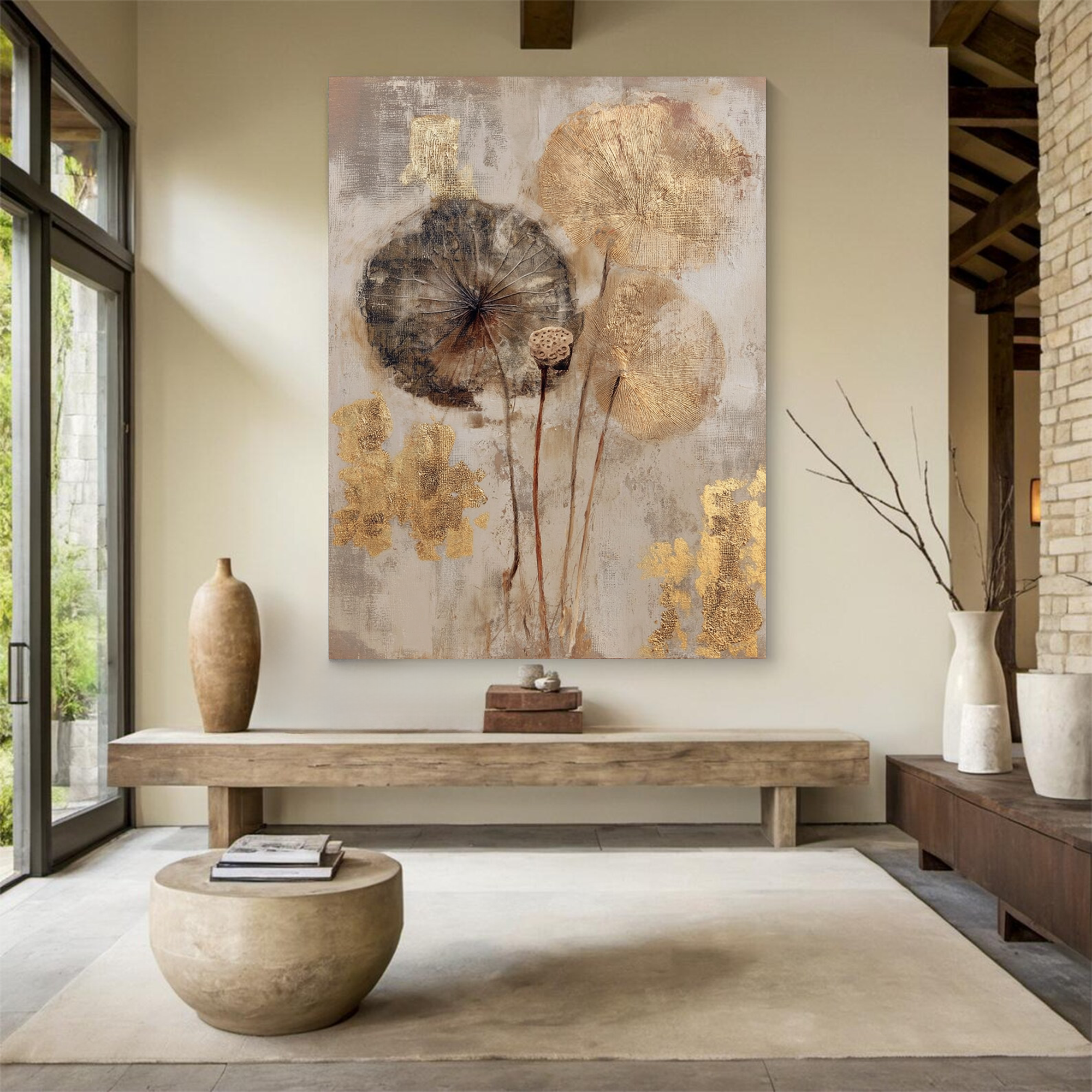 Gold Leaf Lotus Impasto Wall Art #FT155