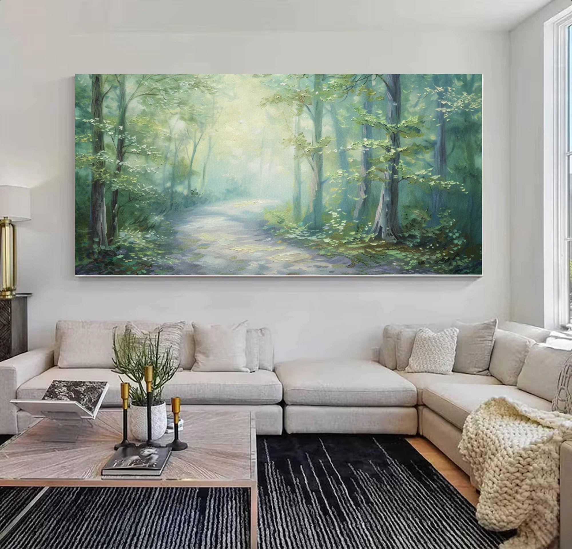 Misty Forest Path Oil Painting, Calm Green Wall Art #FT591