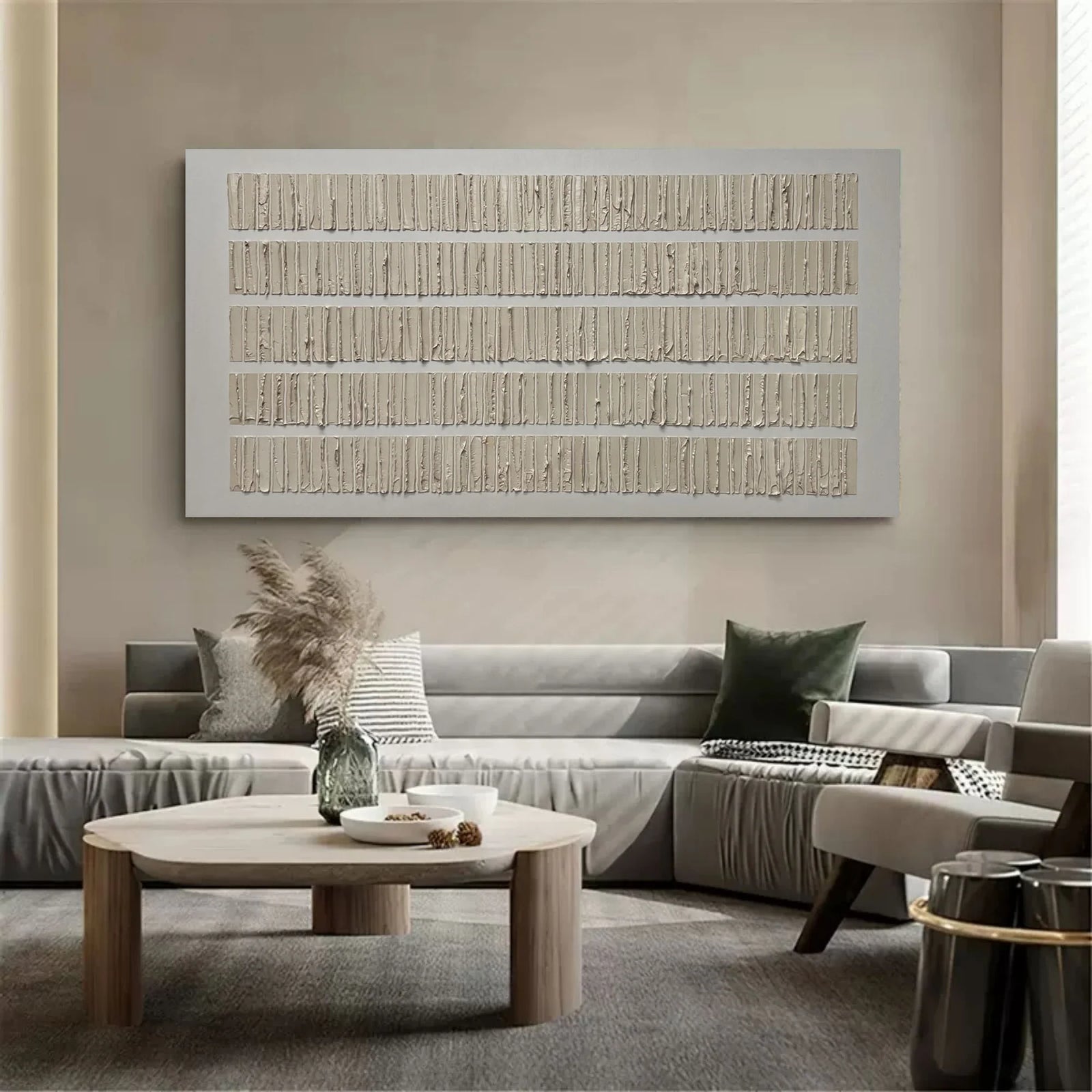 Minimalist Textured Off-white Striped Oil Painting #JM87