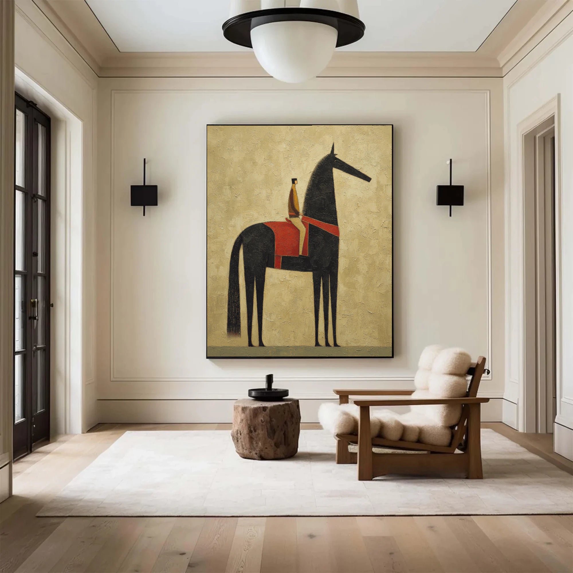 Original Abstract Horse & Rider Oil Painting, Neutral Beige Wall Art #WA526