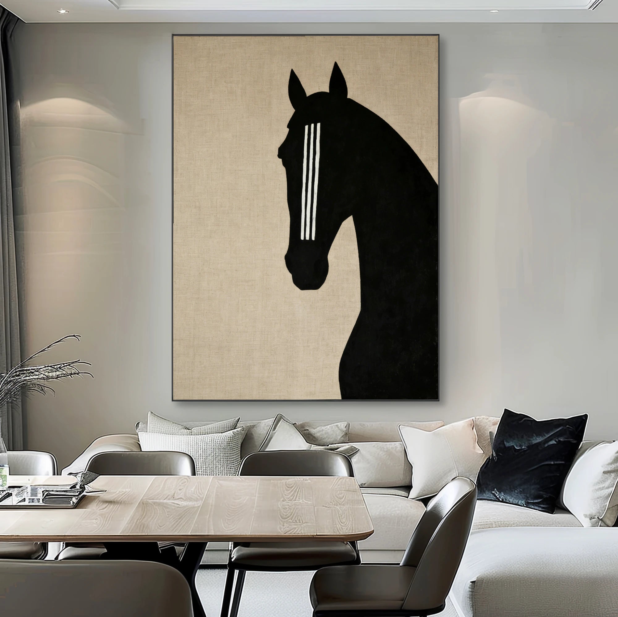 Minimalist Horse Head Hand-Painted Oil Painting | Wabi-Sabi Linen Texture Wall Art #WA511
