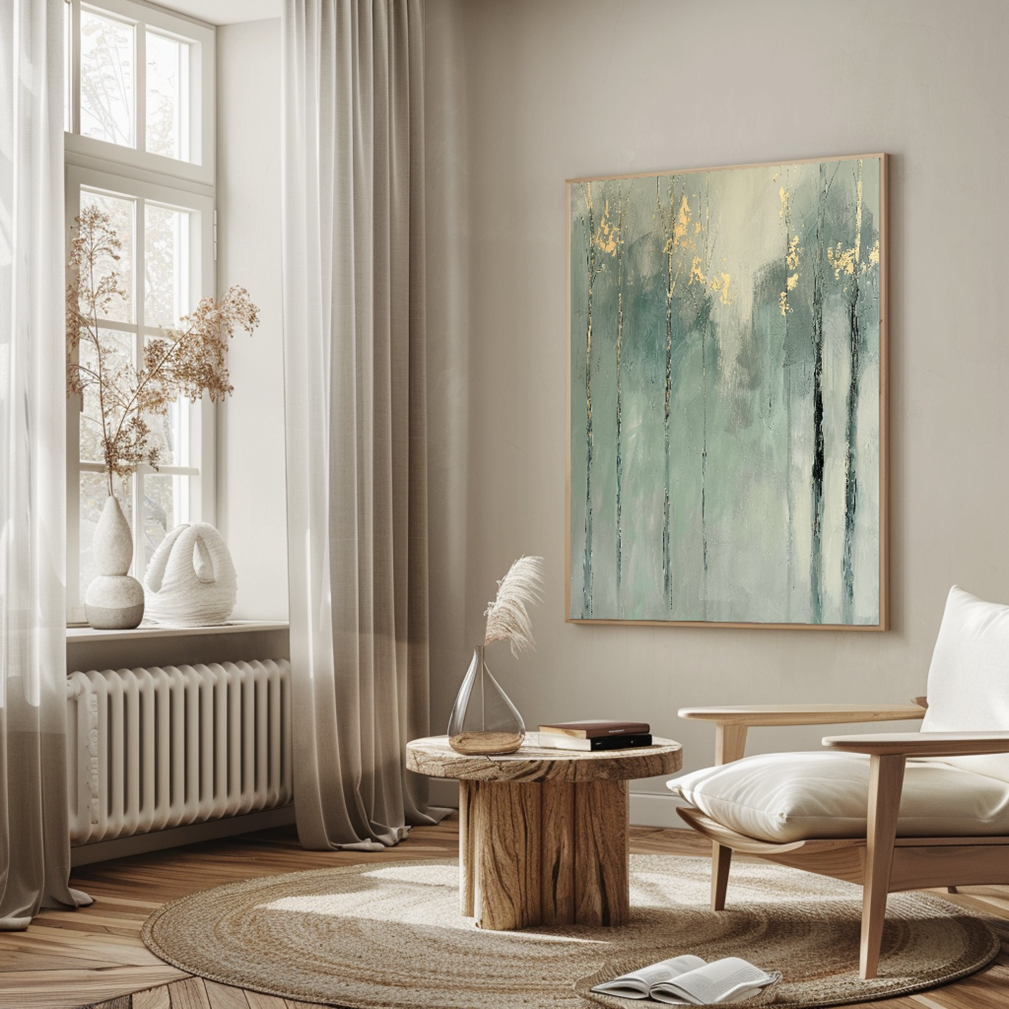 Sage Green Trees with Gold Leaf Abstract Oil Painting #FT211