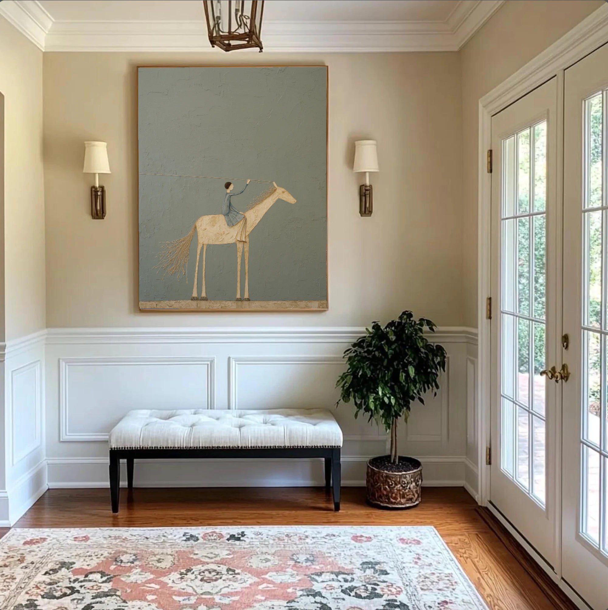 Minimalist Hand-Painted Horse Rider Oil Painting, Neutral Wall Art #WA533