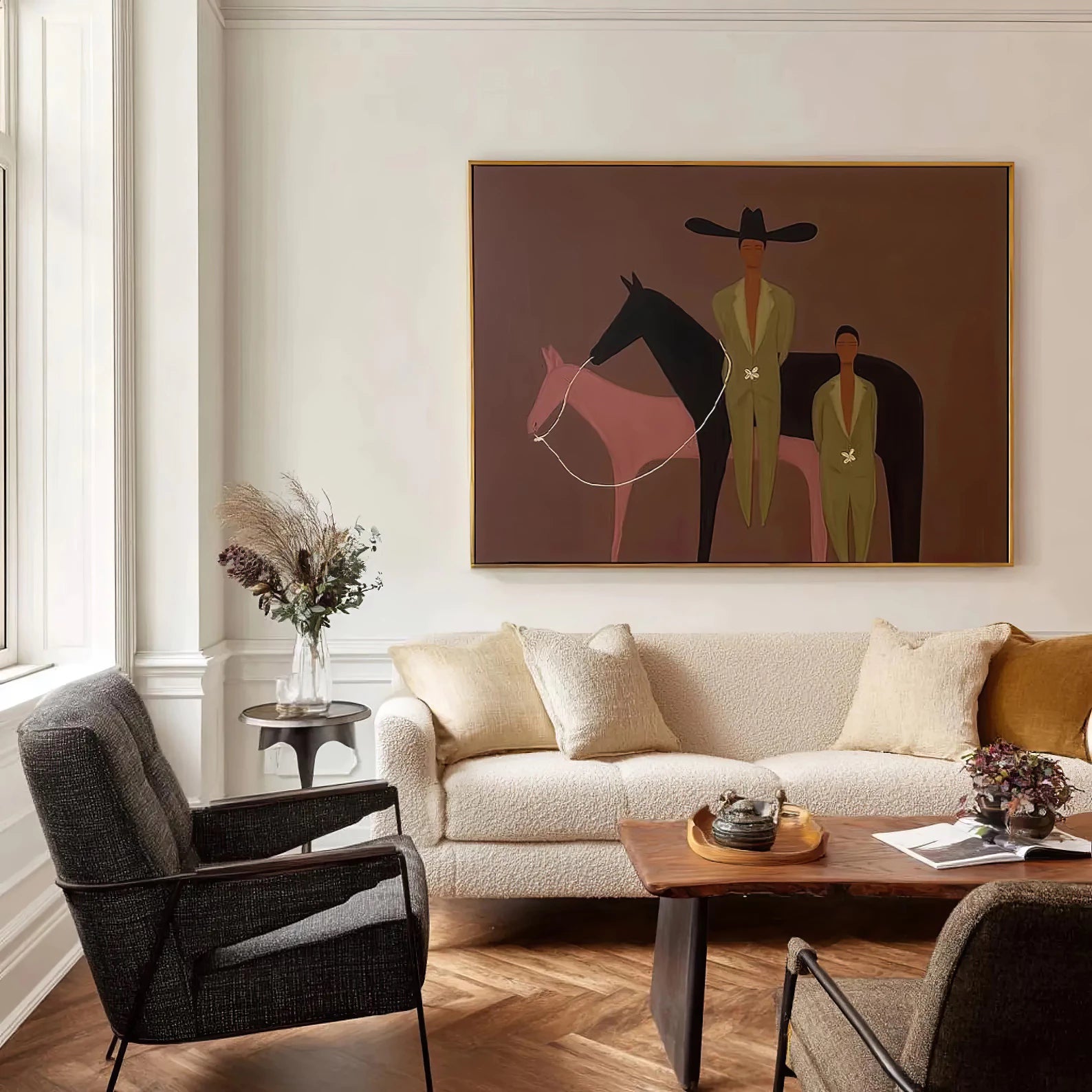 Modern Cowboy & Two Horses Art #CB8