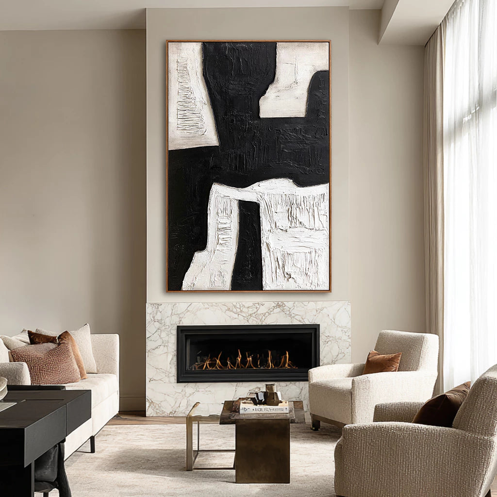 Modern Vertical Black & White Abstract Oil Painting #WA114