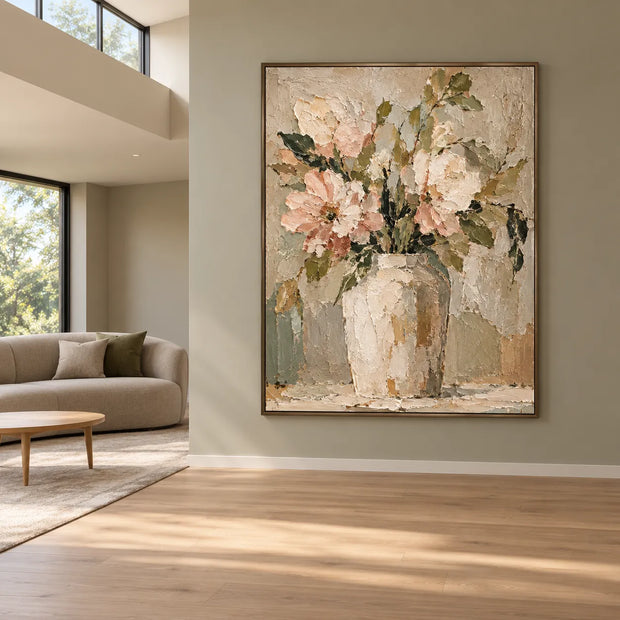 Beige Cream Hand-Painted Oil Painting, Blush Flowers in an Ivory Vase #KX3BLNRV