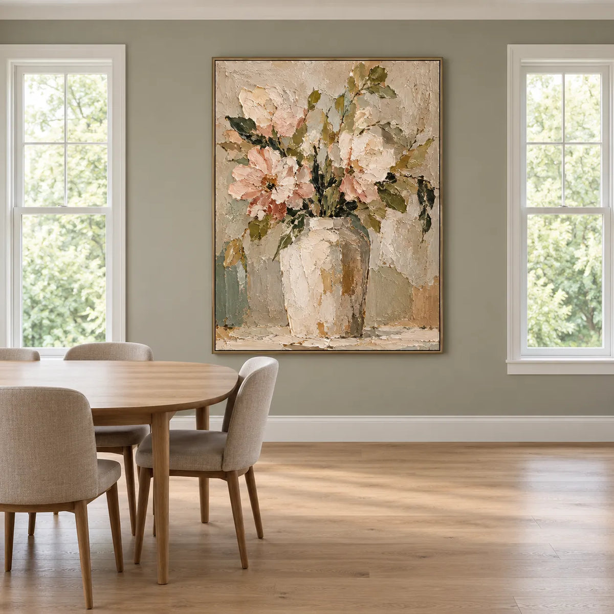 Beige Cream Hand-Painted Oil Painting, Blush Flowers in an Ivory Vase #KX3BLNRV