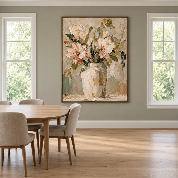 Beige Cream Hand-Painted Oil Painting, Blush Flowers in an Ivory Vase #KX3BLNRV
