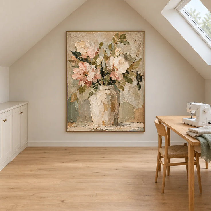 Beige Cream Hand-Painted Oil Painting, Blush Flowers in an Ivory Vase #KX3BLNRV
