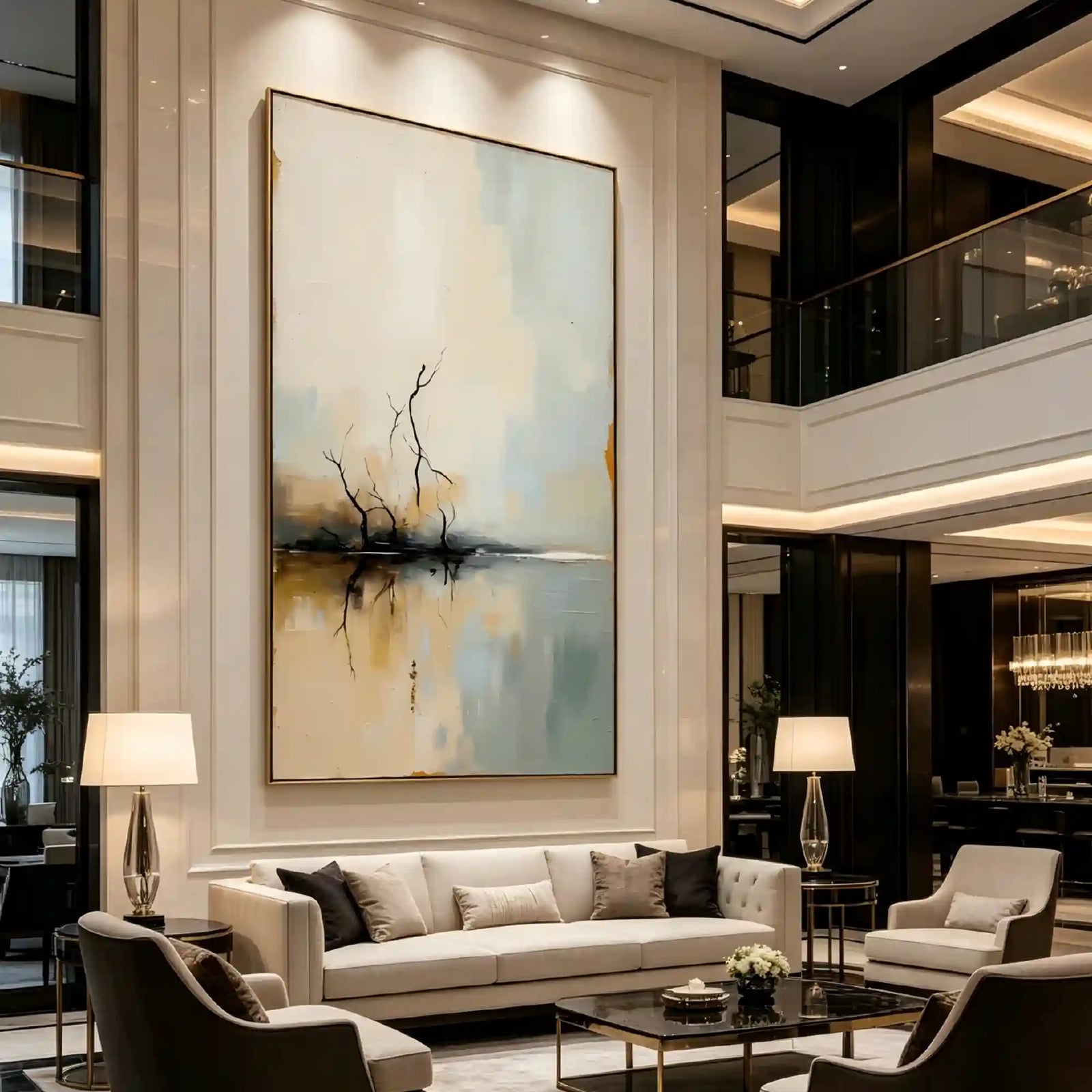 Still Lake Bare Trees Textured Wall Art for Living Room, Beige Blue Wabi Sabi Minimalist Landscape Painting