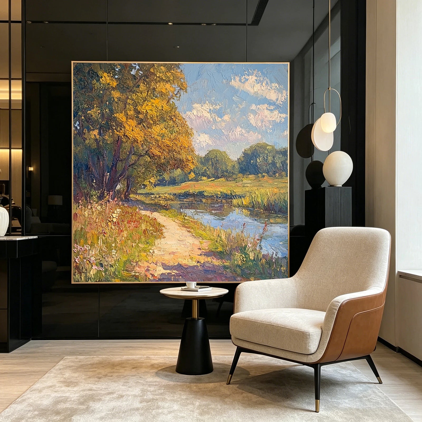 Original Hand-Painted Autumn River Landscape Oil Painting #FT523