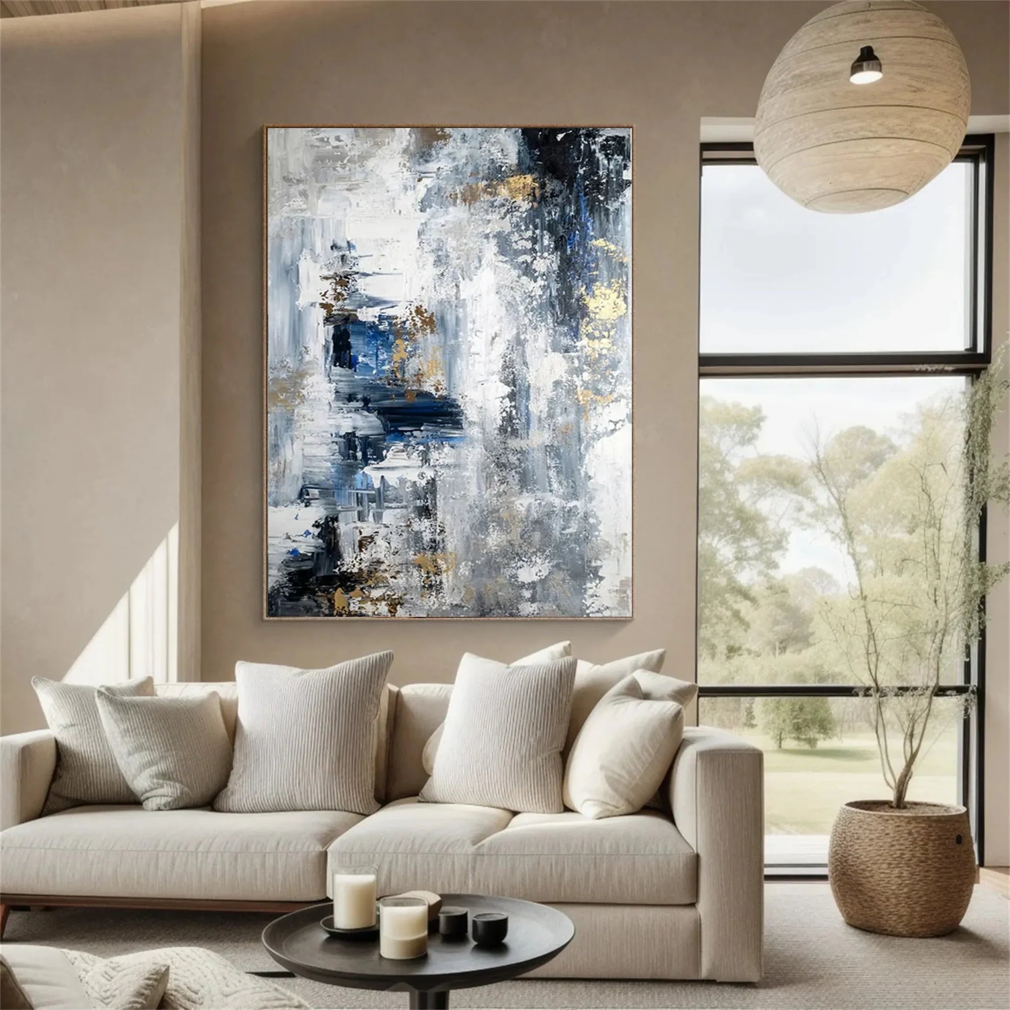 Blue Grey Gold Abstract Canvas Art #MZ353