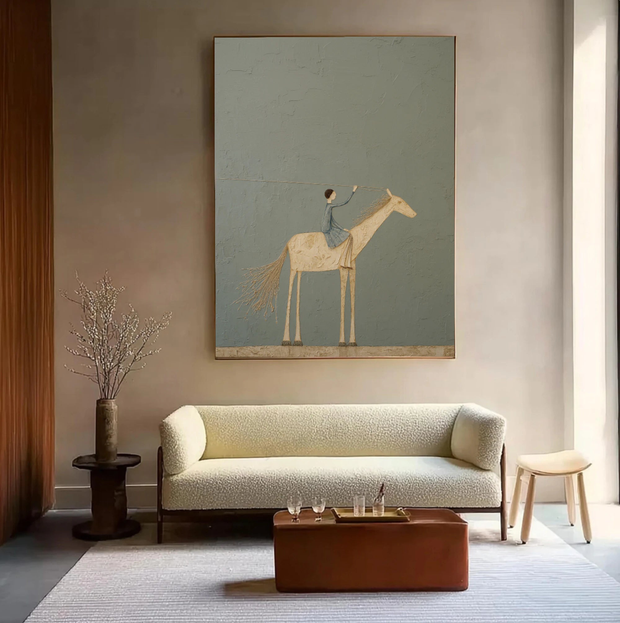 Minimalist Hand-Painted Horse Rider Oil Painting, Neutral Wall Art #WA533