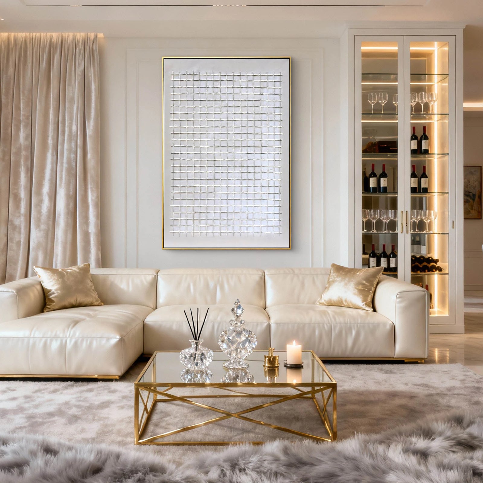 Hand-Painted White Grid Abstract Minimalist Wall Art #MD135