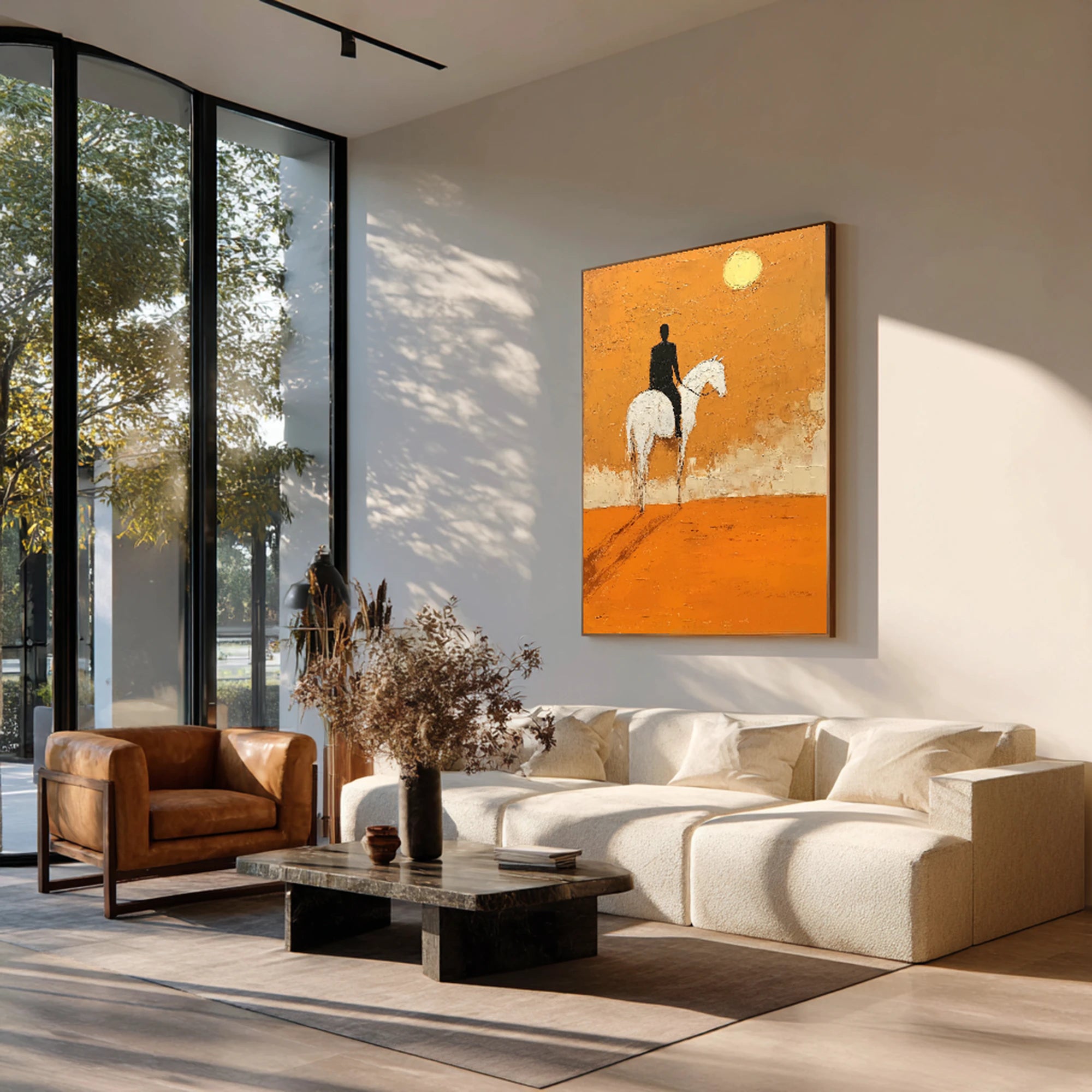Orange Sunset Horse Rider Abstract Oil Painting, Hand-Painted Wall Art #WA528