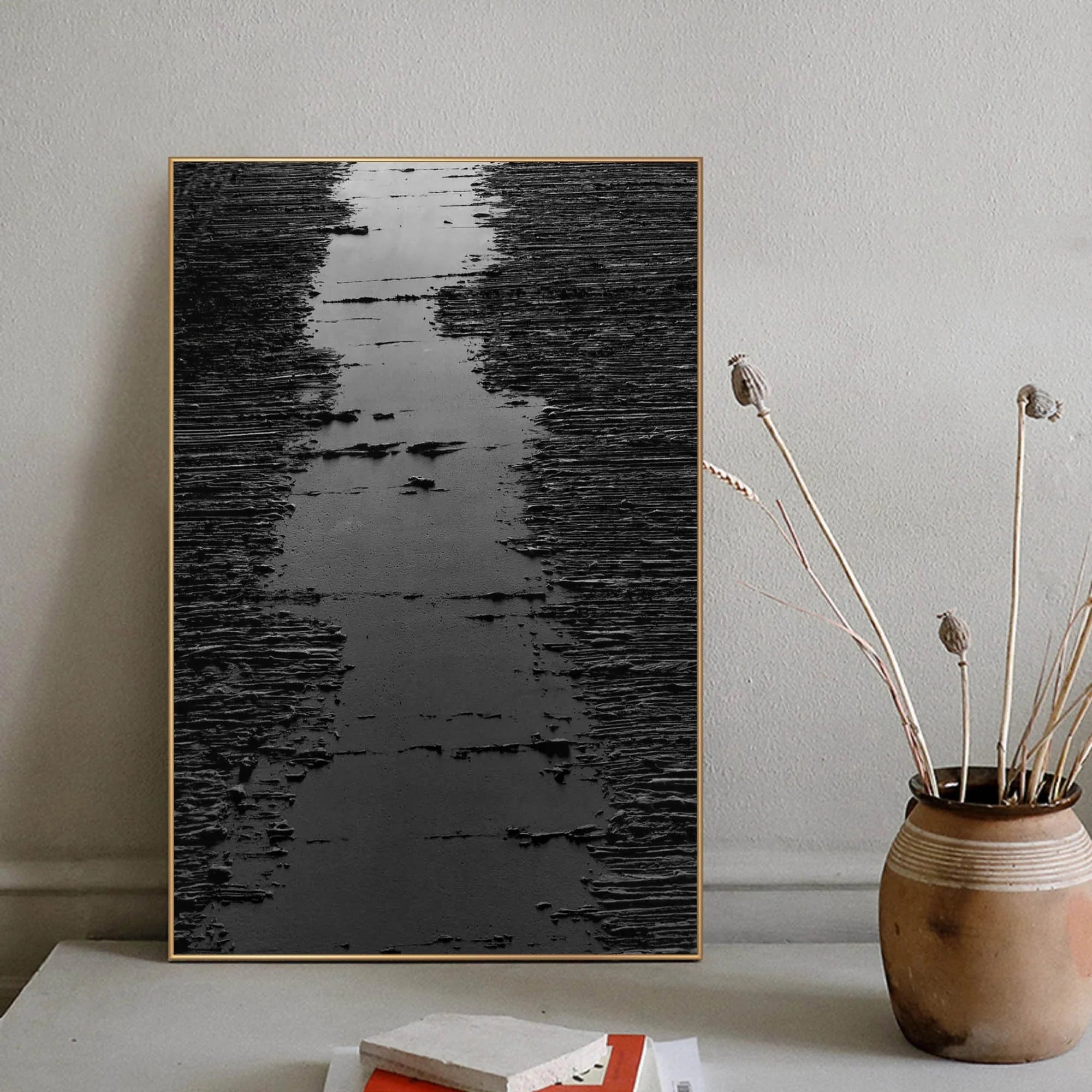 Black 3D Textured Minimalist River Canvas Wall Artwork Decor for Room
