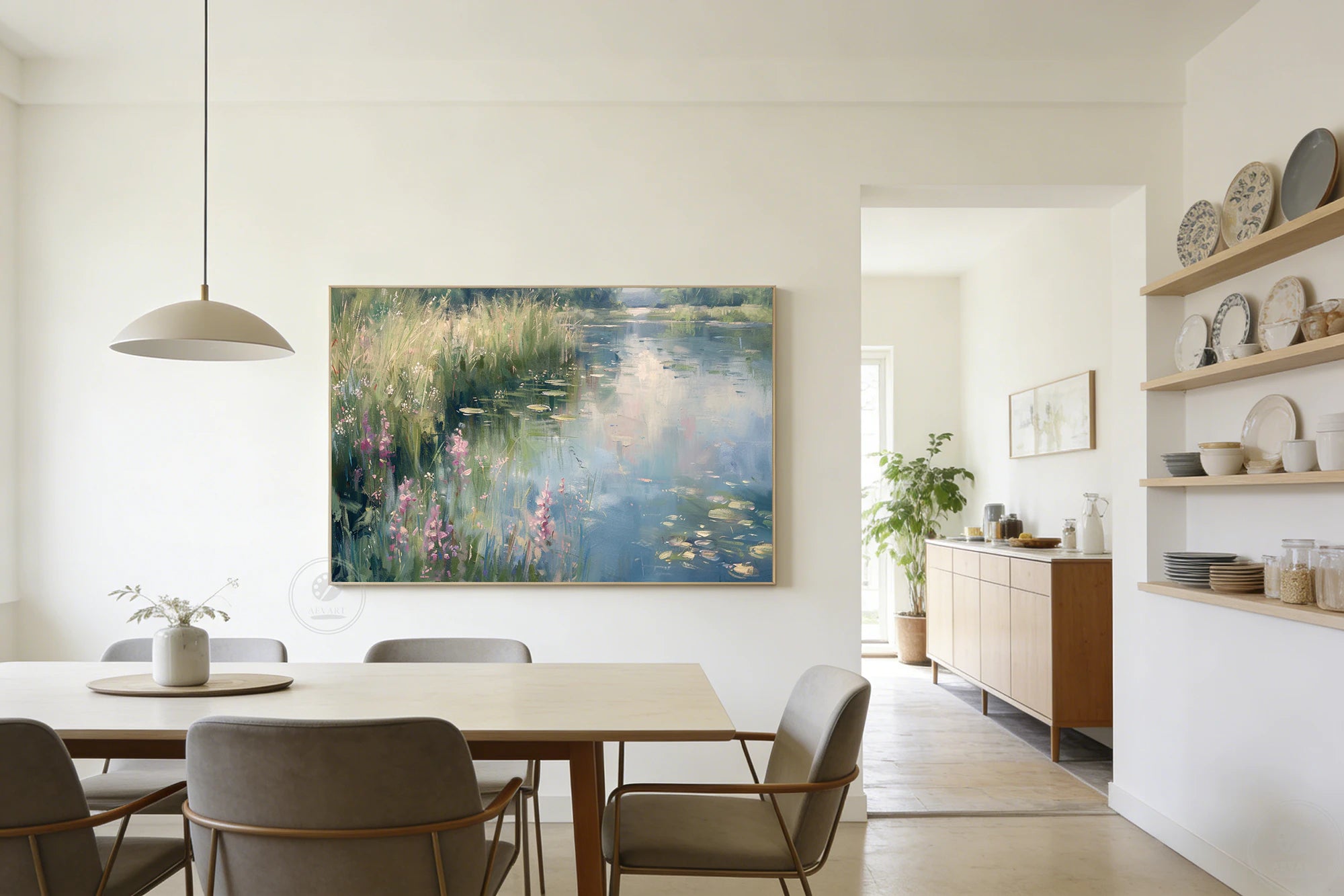 Impressionist Water Lily Pond Oil Painting, Calm Nature Landscape Wall Art #FT584