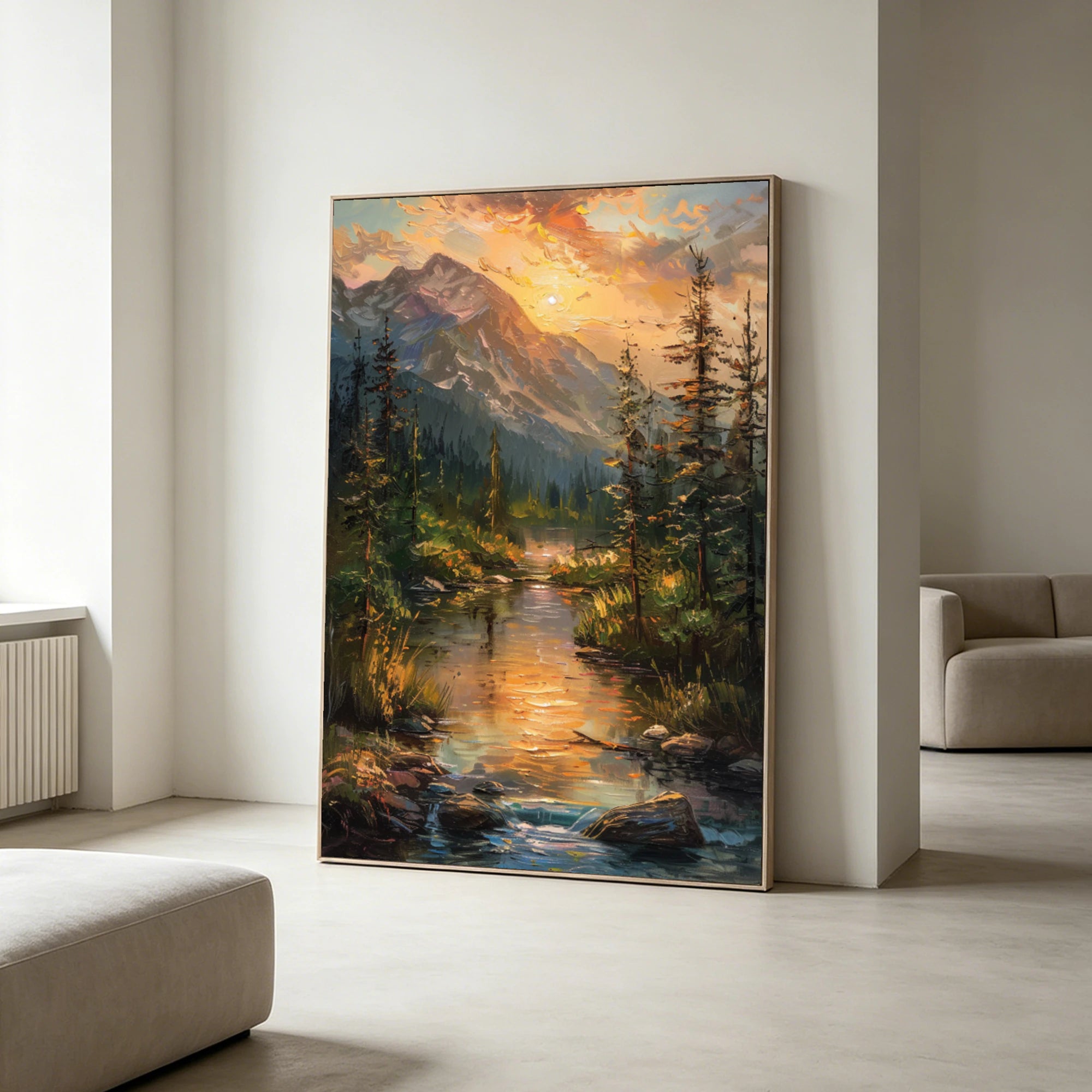 Mountain Sunset River Landscape Oil Painting #FJ668