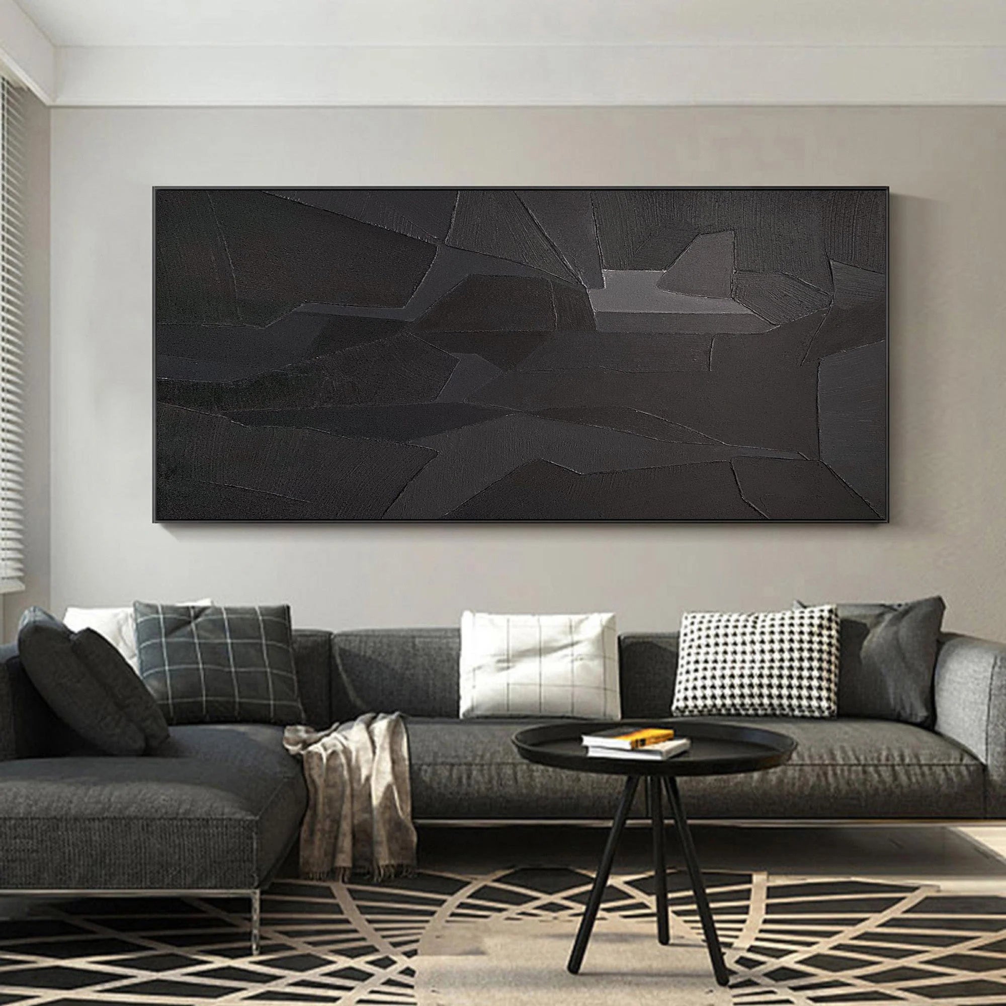 Black Geometric Minimalist Painting On Canvas Handcrafted Abstract Wall Art