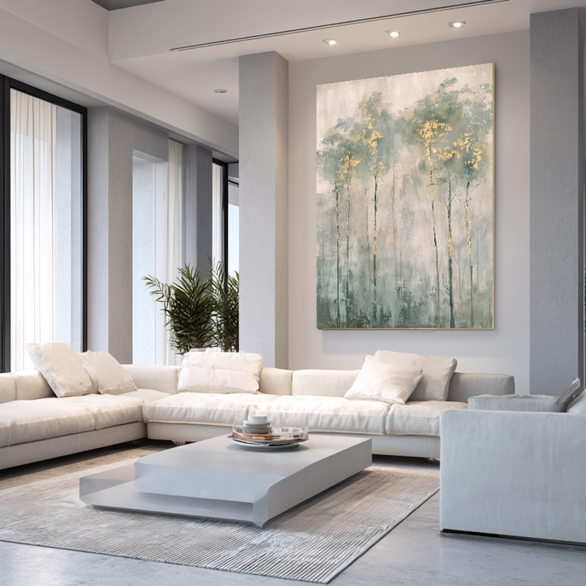 Misty Sage Green Forest Oil Painting with Gold Leaf Accents #FT208