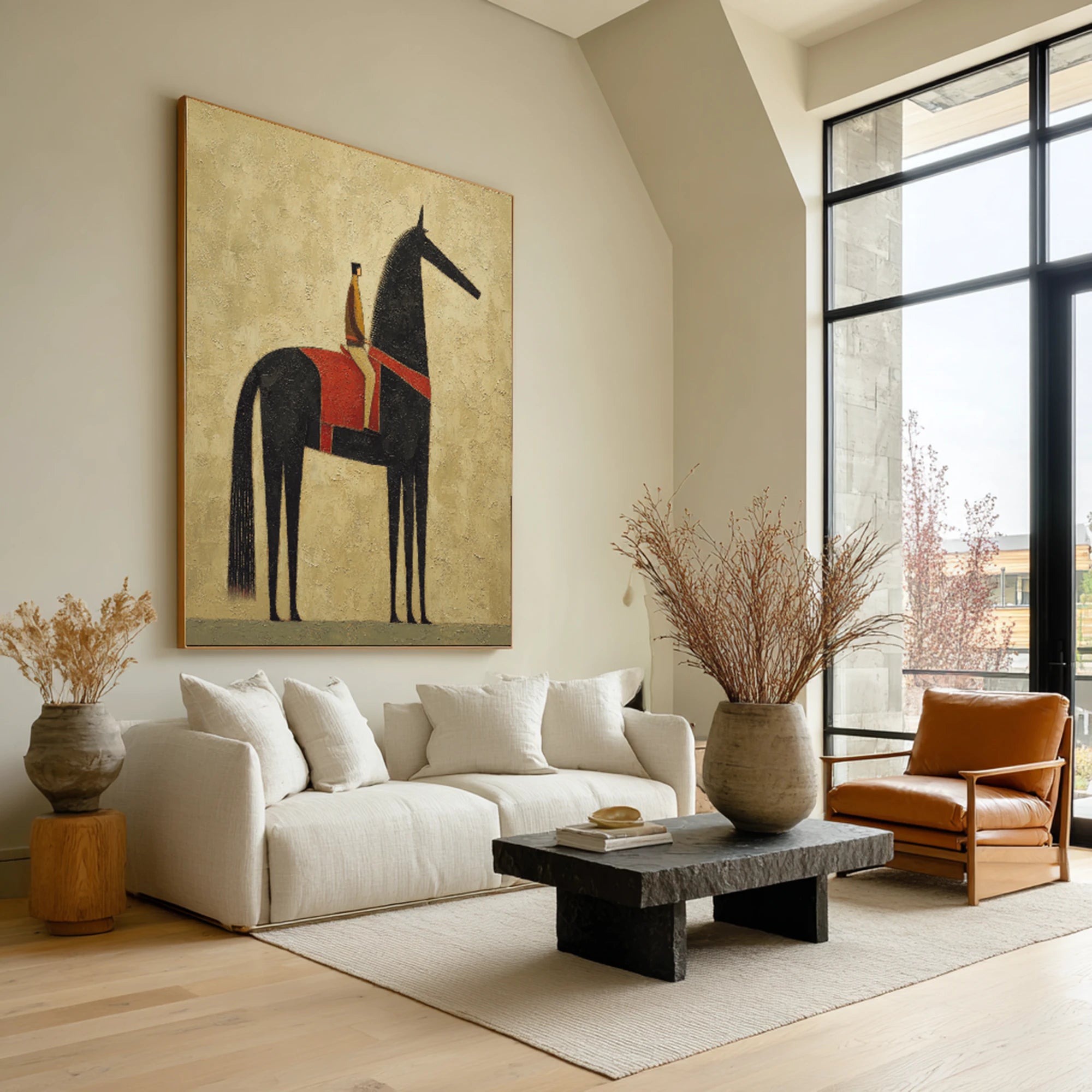 Original Abstract Horse & Rider Oil Painting, Neutral Beige Wall Art #WA526