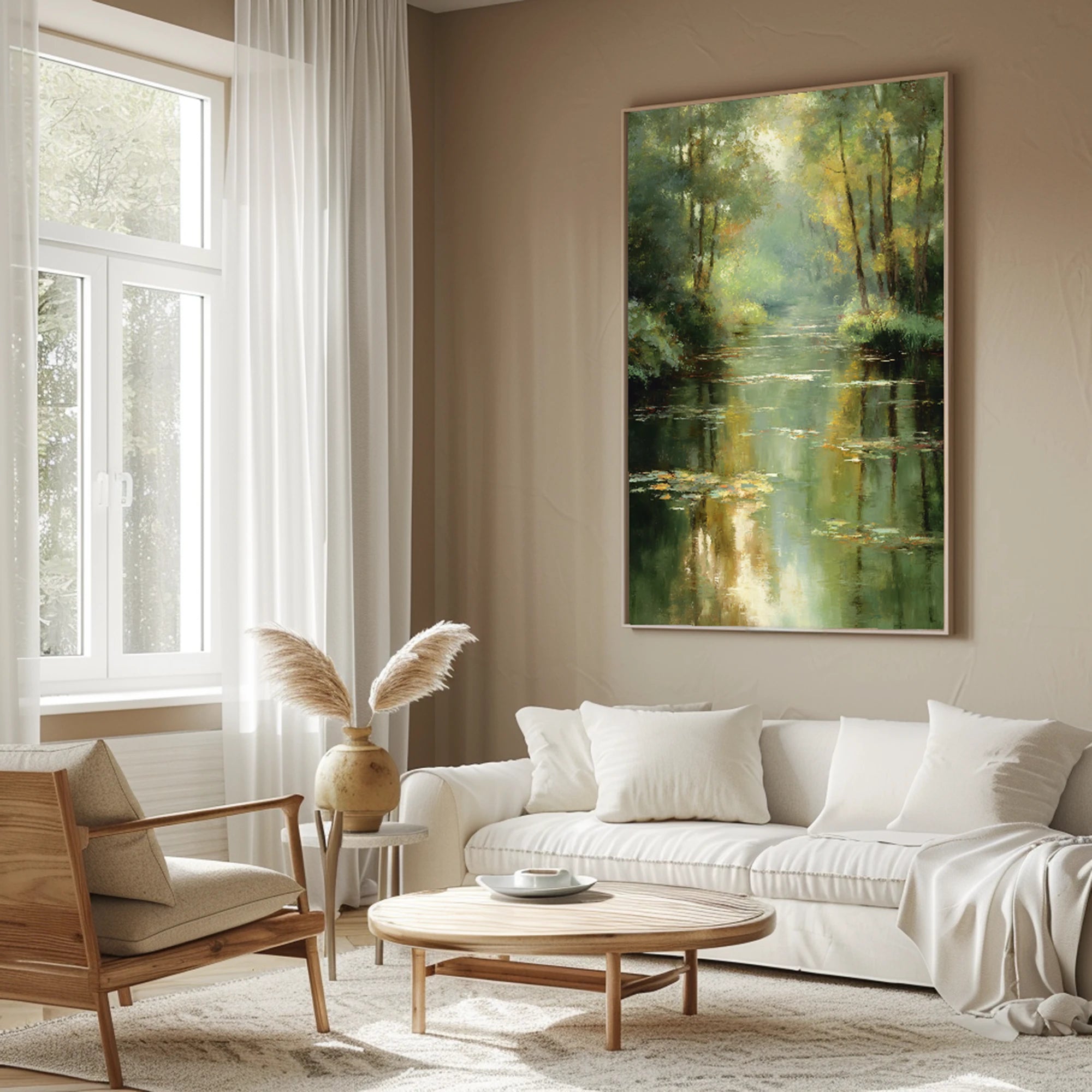 Hand-Painted Forest River Landscape Oil Painting with Water Lilies #FJ667