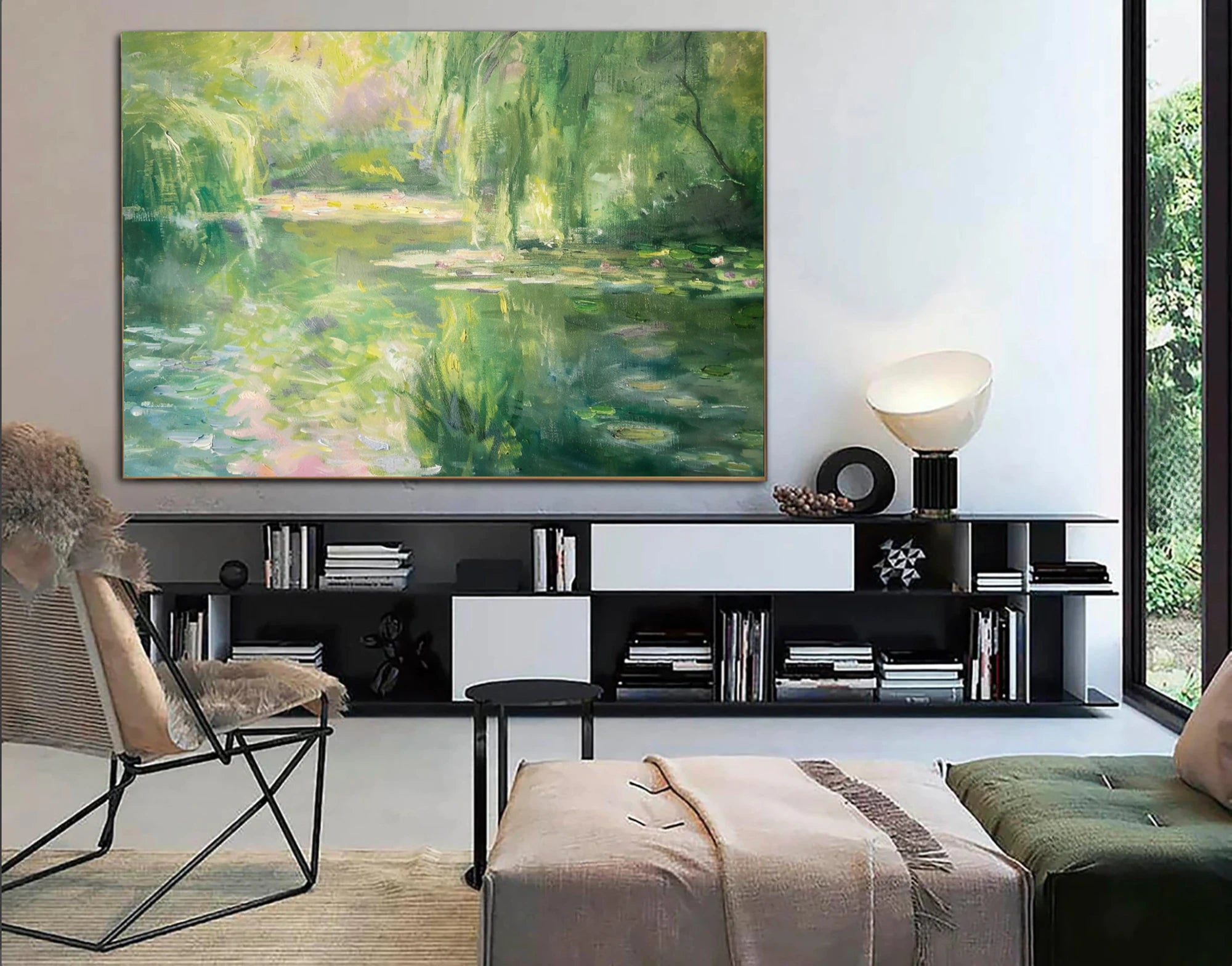 Green Water Lily Pond Oil Painting, Impressionist Wall Art #FT579