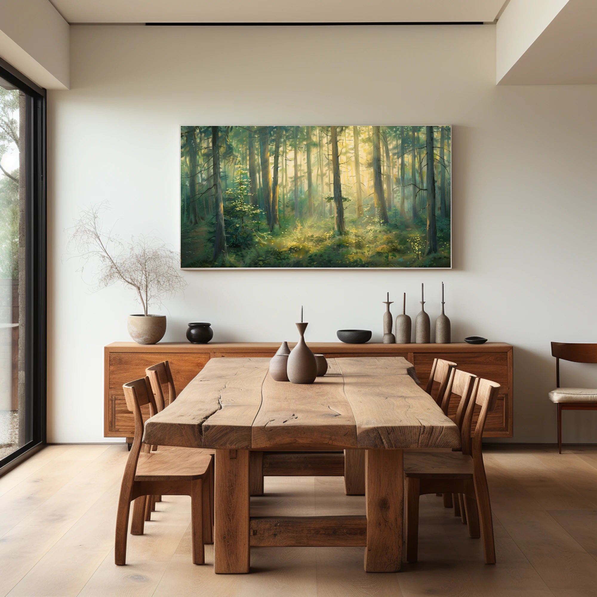 Sunlit Forest Landscape Oil Painting, Green Nature Wall Art #FT593