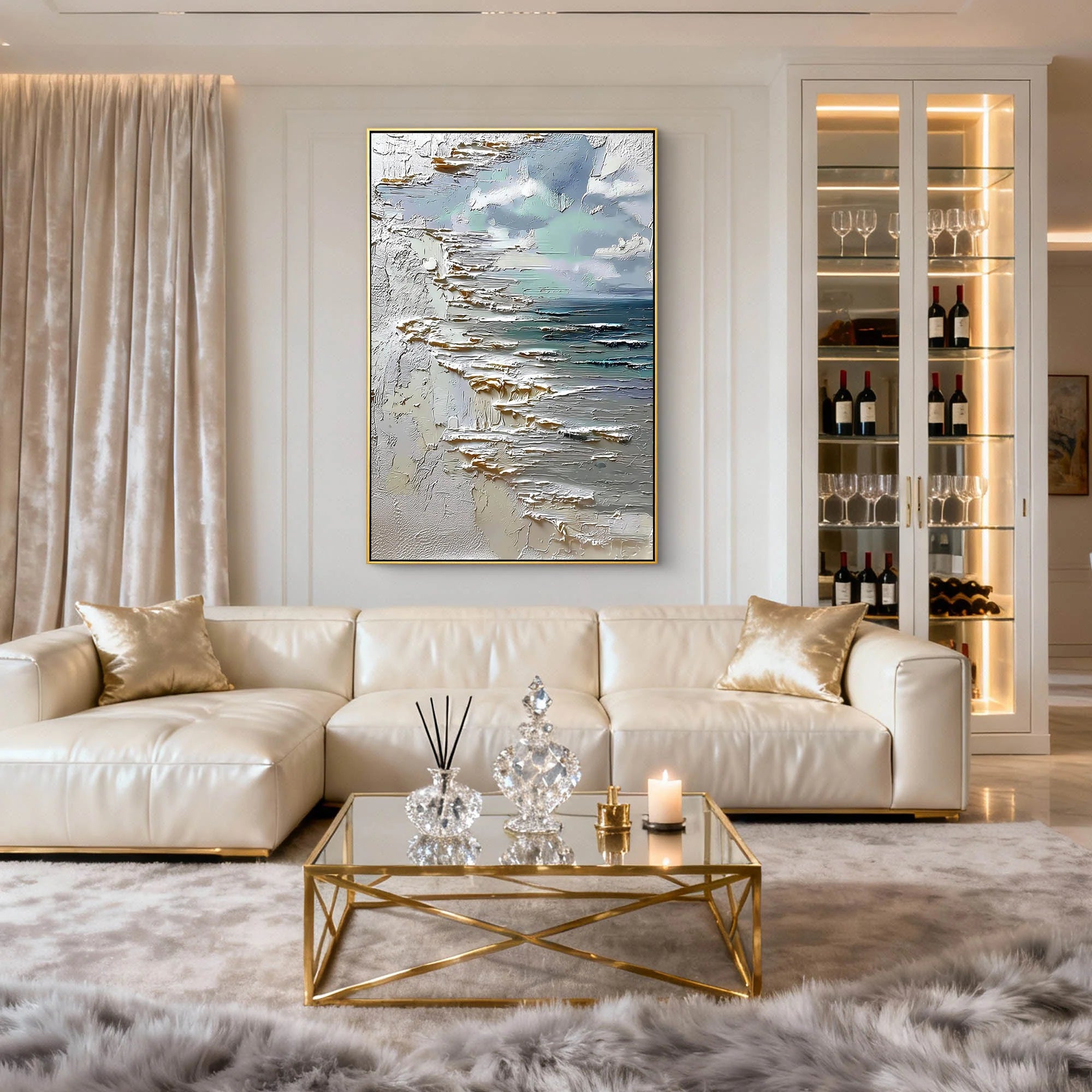Hand-Painted Abstract Seascape Oil Painting, Neutral Coastal Wall Art #MD236