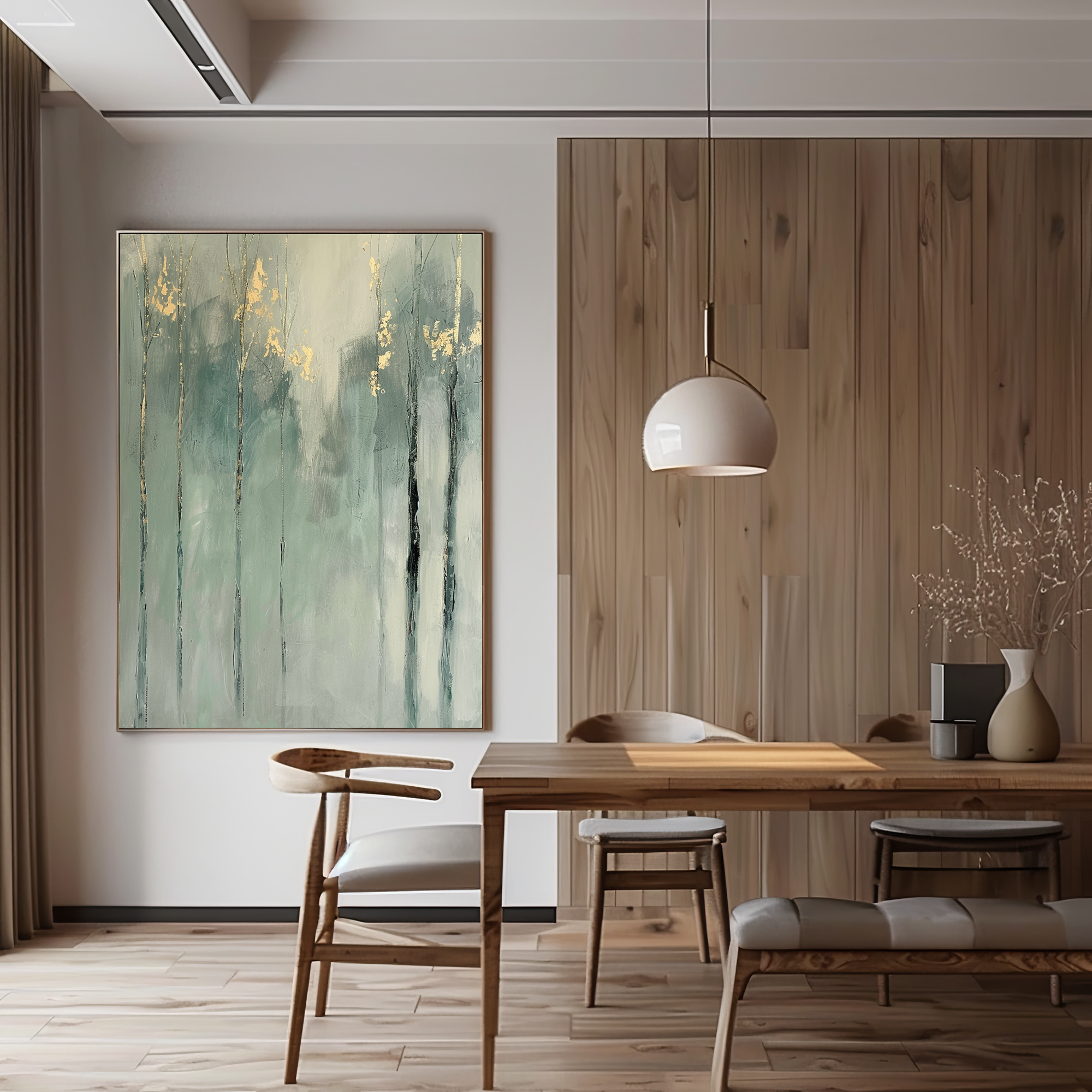 Sage Green Trees with Gold Leaf Abstract Oil Painting #FT211