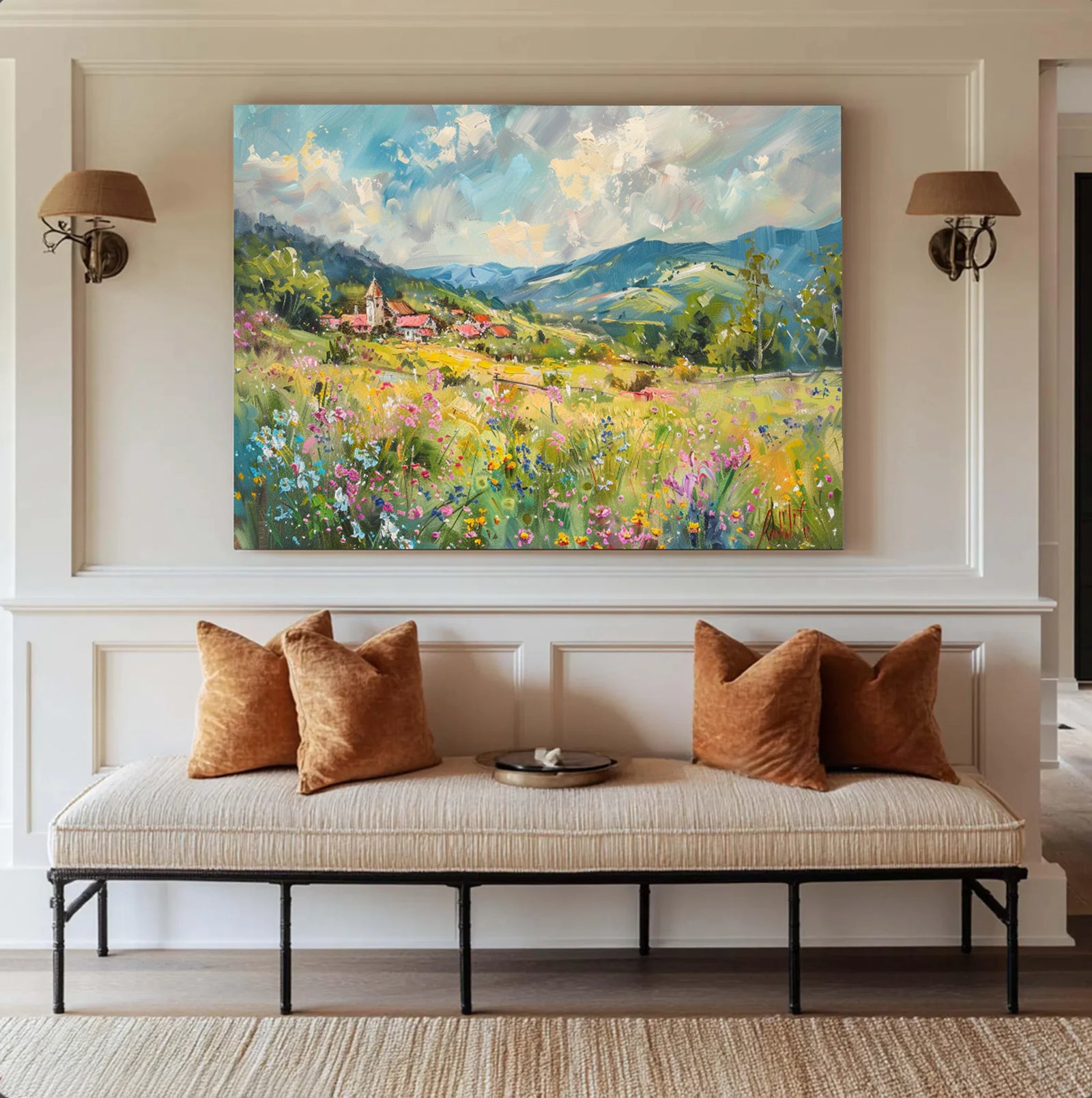 Wildflower Meadow Village Oil Painting #FT589