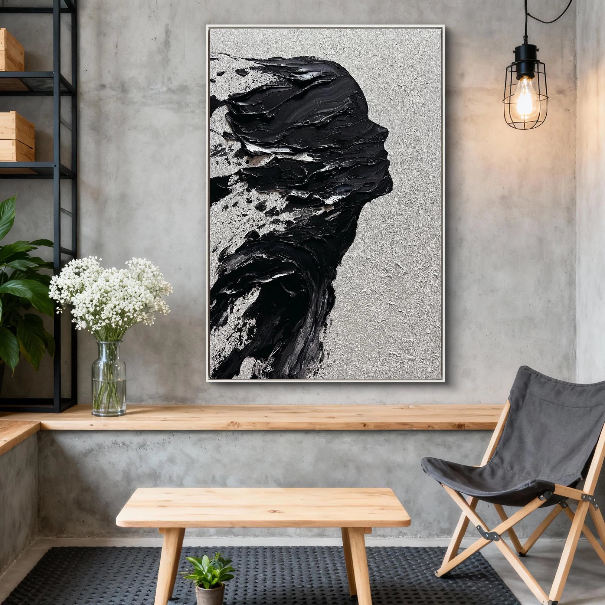 Abstract Black and White Textured Silhouette Oil Painting #AB233